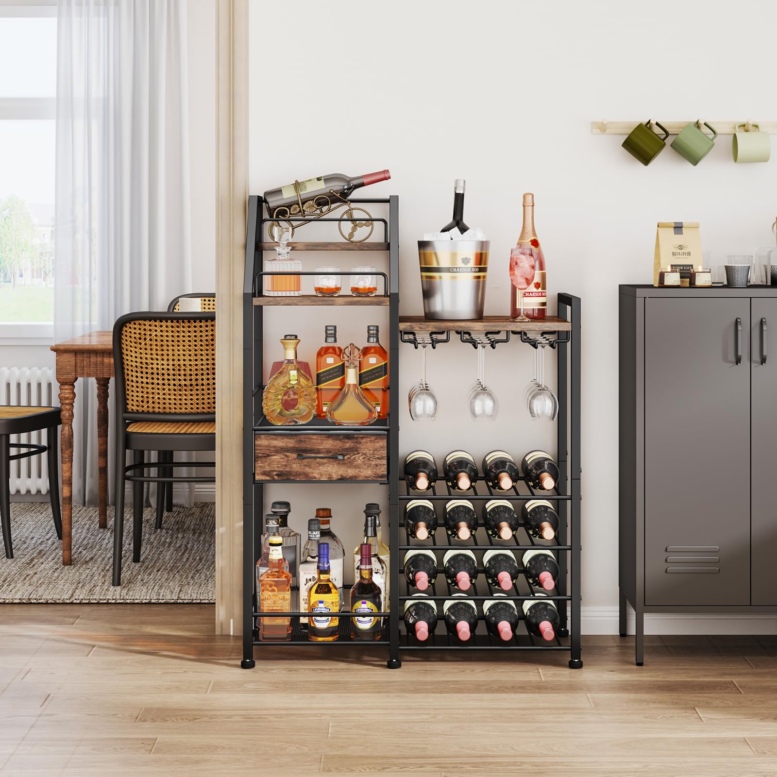 4-Tier Wine Rack with Glass Holder and Fabric Drawer
