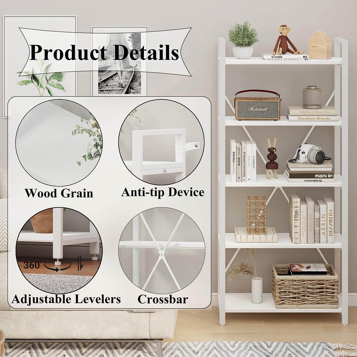 5 Tier Bookshelf Metal and Wood Etagere