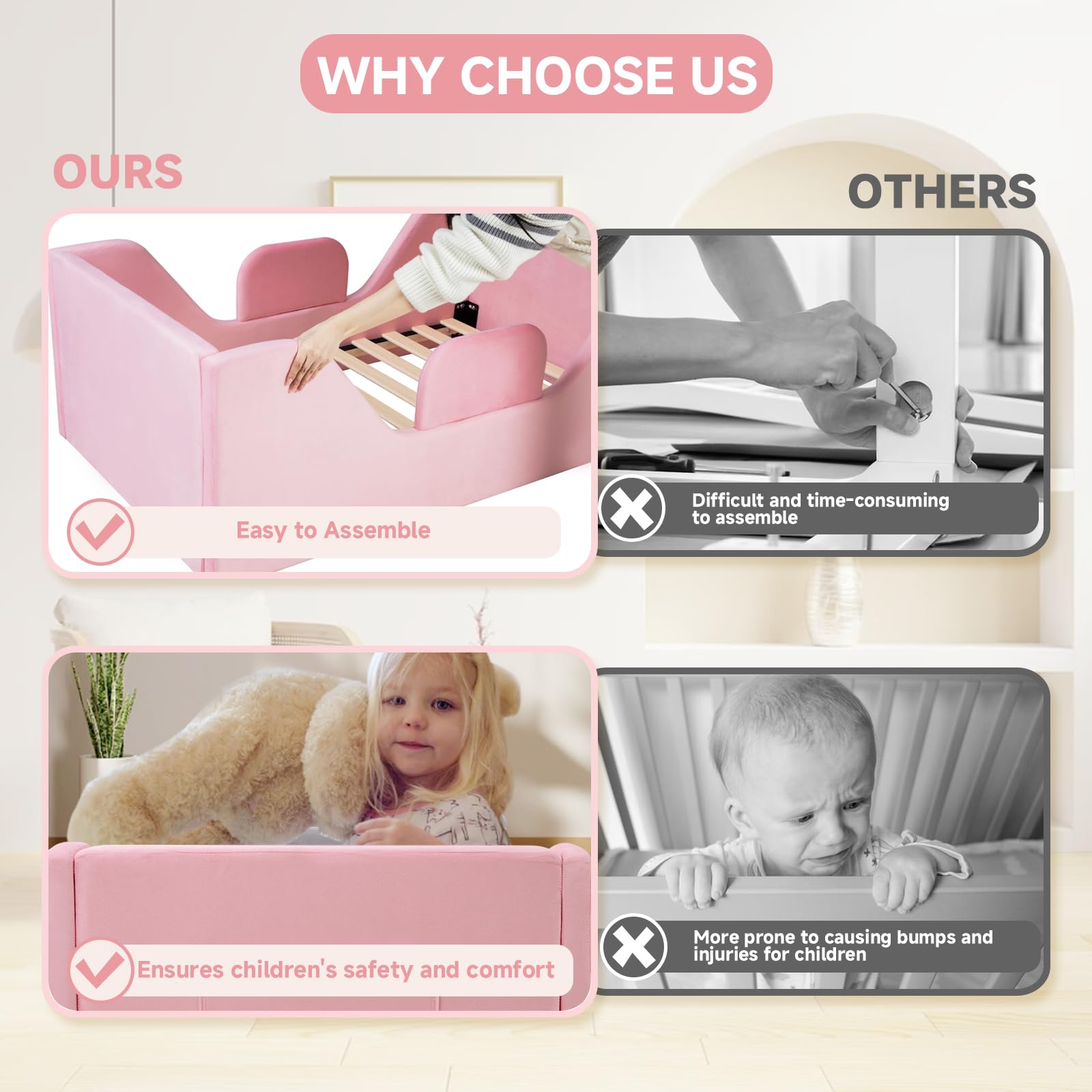 Zumspiel Toddler Floor Bed with Removable Safety Rails and Storage Bag, Kids Bed for Girl and Boys, Standard Crib Size, Safety Upholstered Child Beds, Low to Floor Design