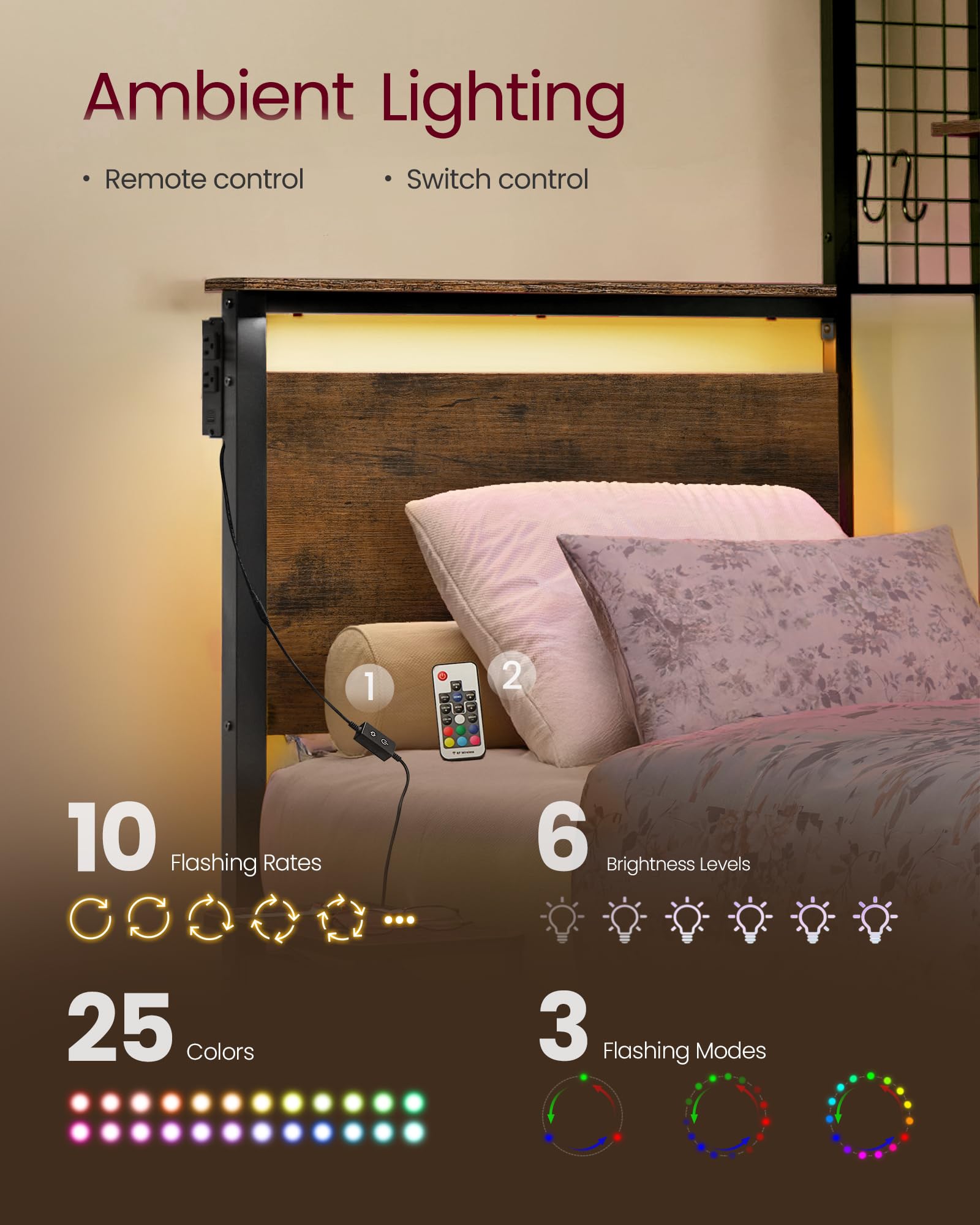 Twin Metal Bed Frame with LED Lights and Storage