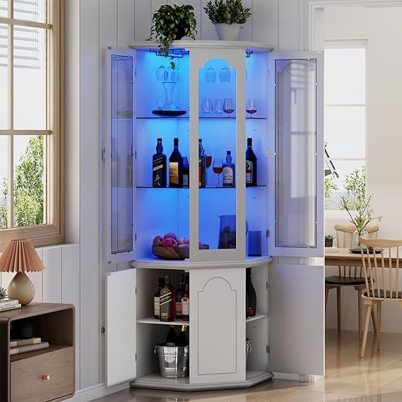 Corner Bar Cabinet with LED Lights and Tempered Glass Door