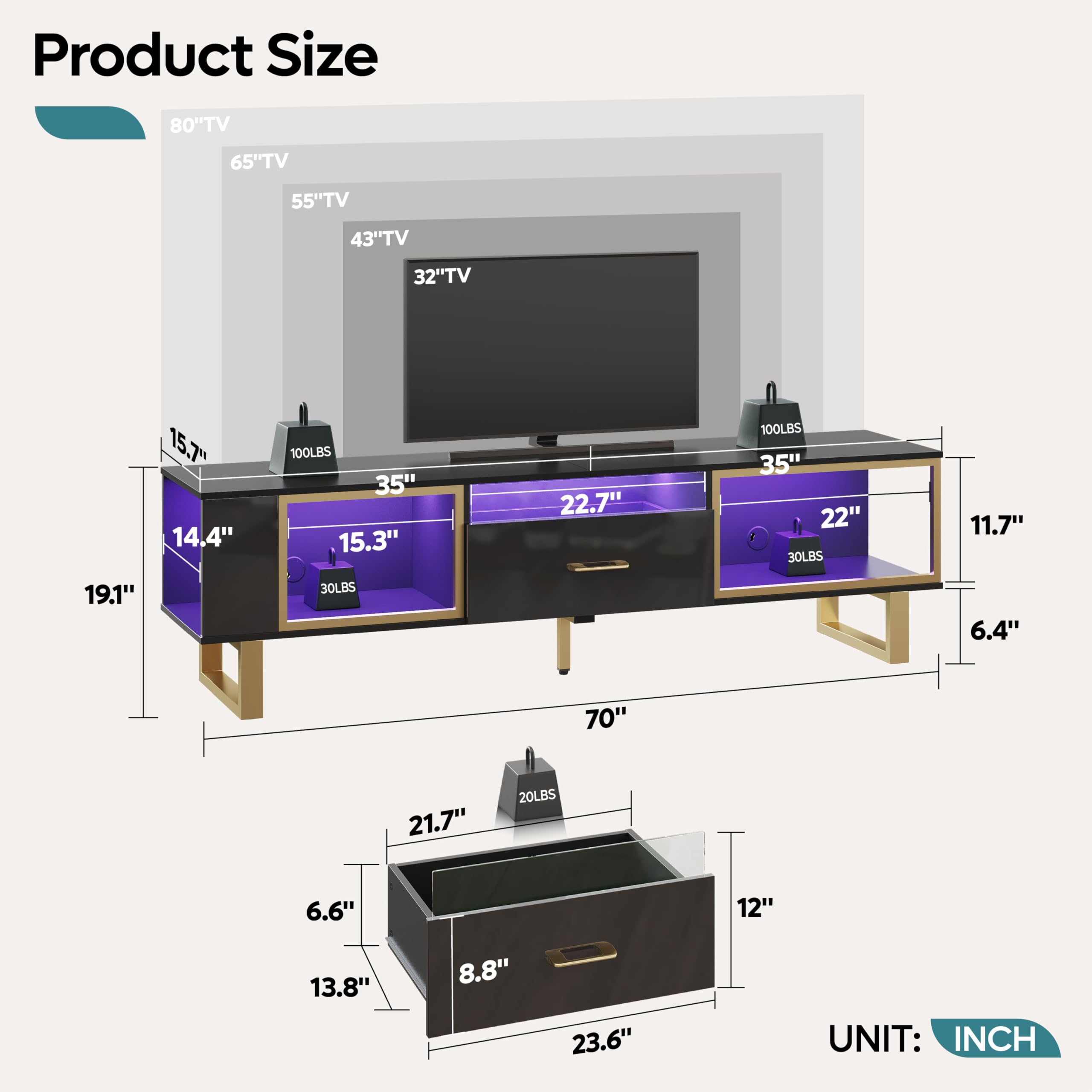 70 Inch LED TV Stand with Half-Glass Drawer