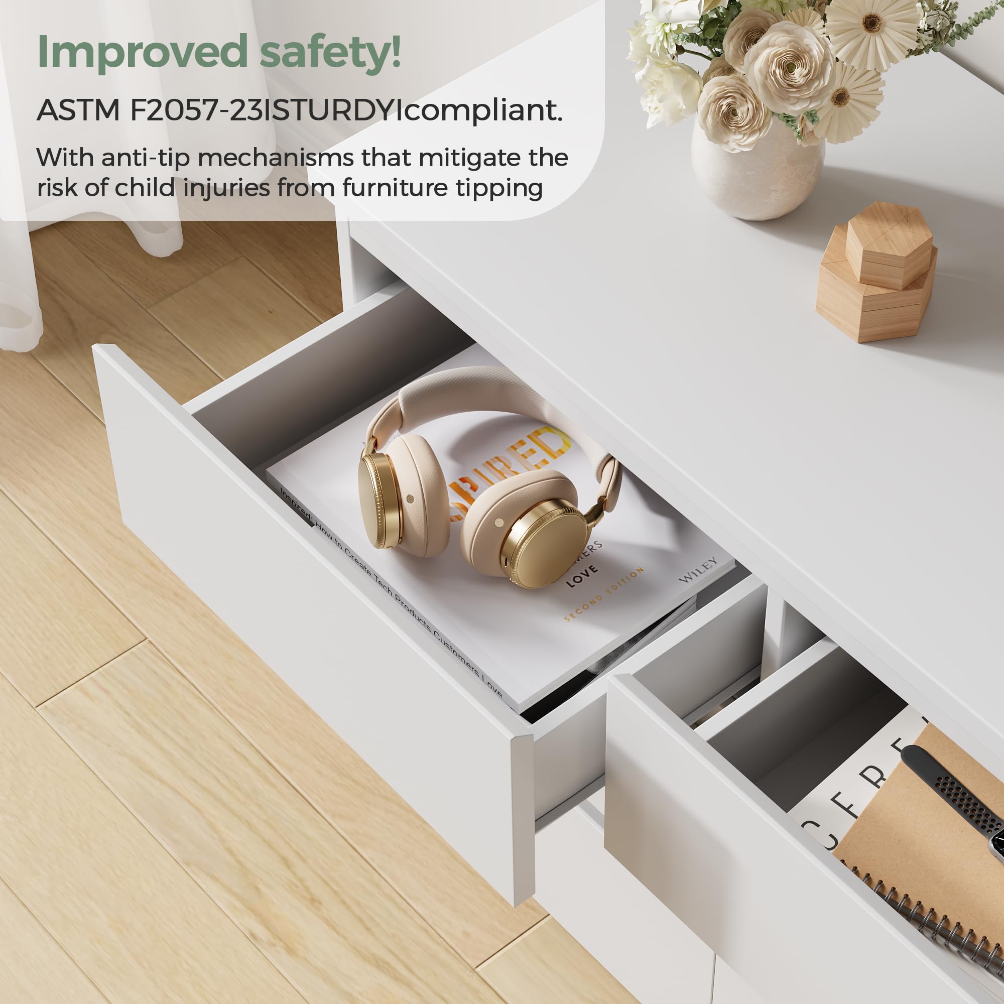 Modern White 9 Drawer Dresser for Bedroom