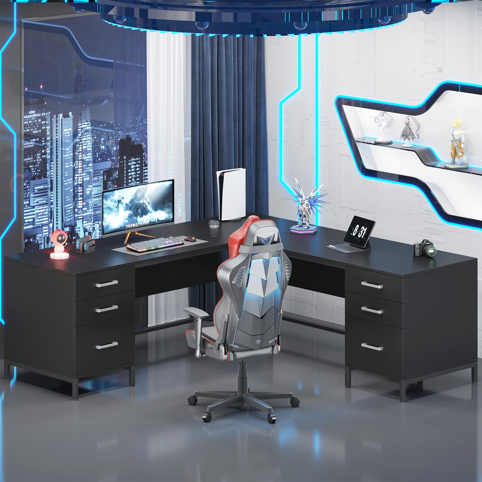 59" L-Shaped Desk with 6 Drawers and File Cabinet