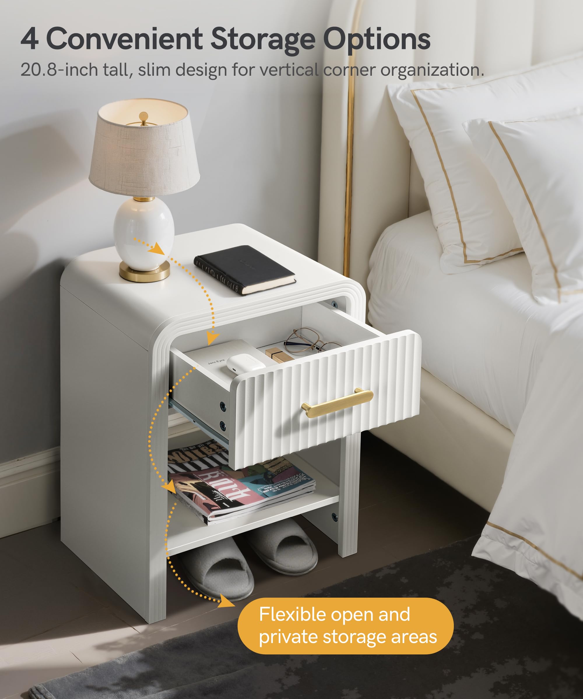 White and Gold Fluted Nightstand Mid Century Modern