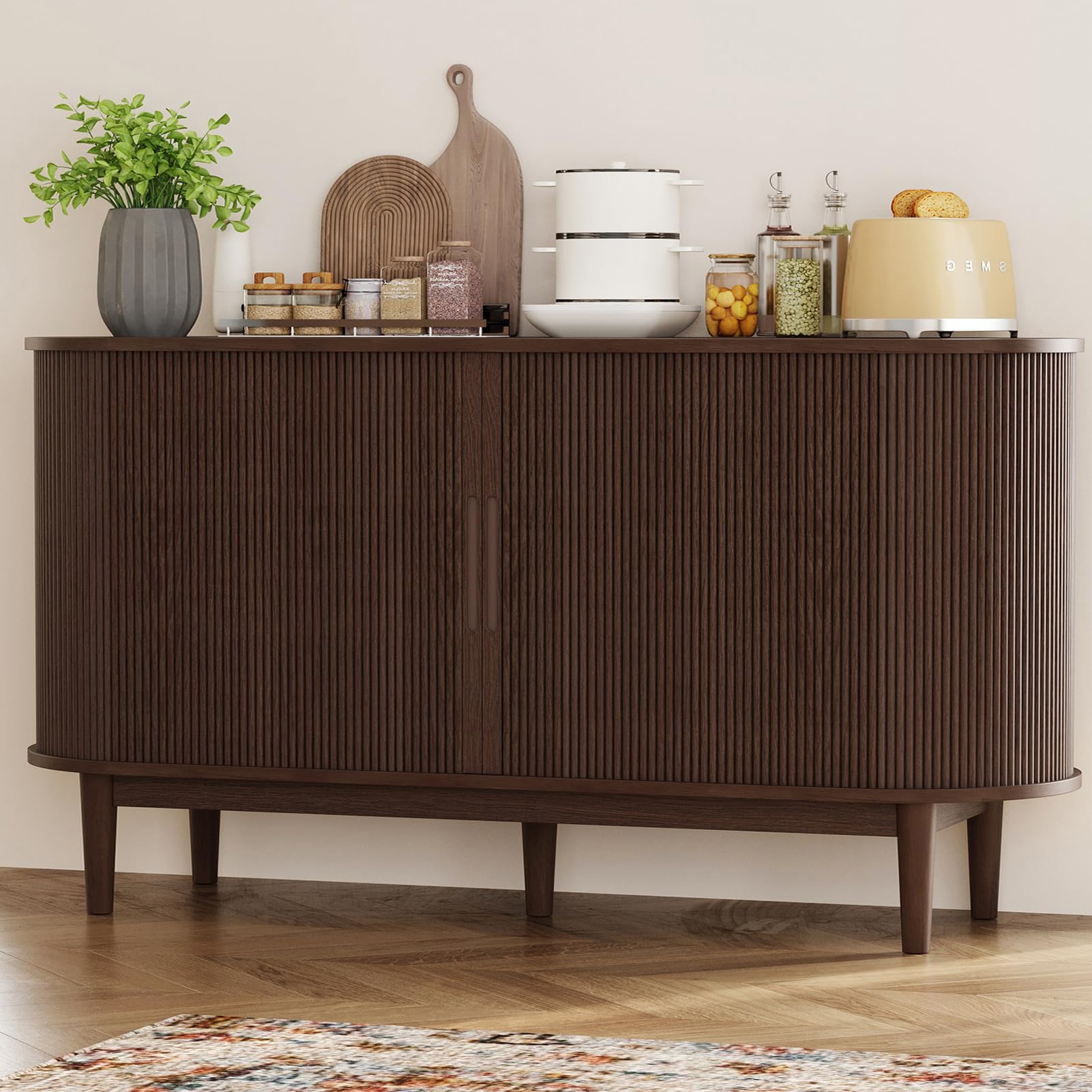 Mid-Century Sideboard Buffet Cabinet with Tambour Doors