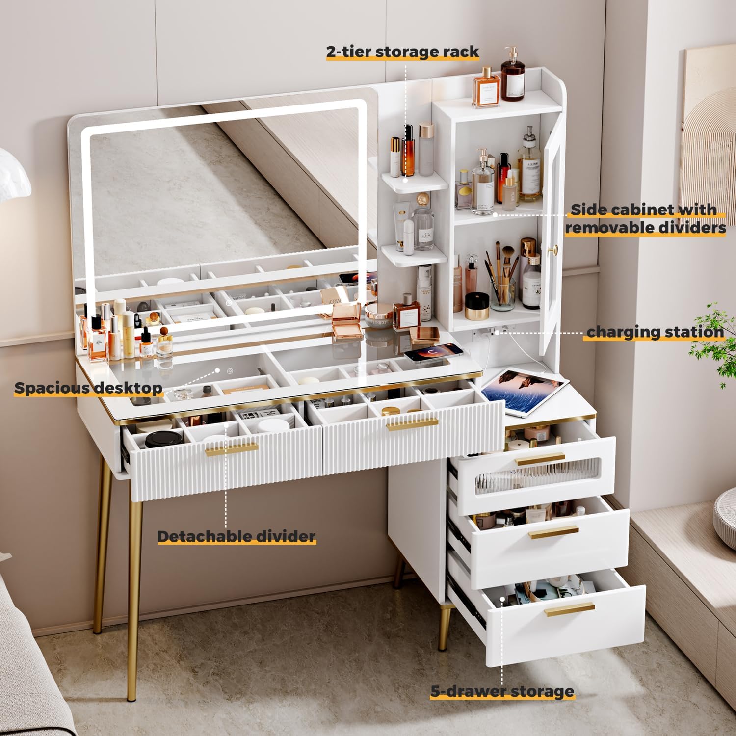 Vanity Desk with HD Lighted Mirror and 5 Drawers