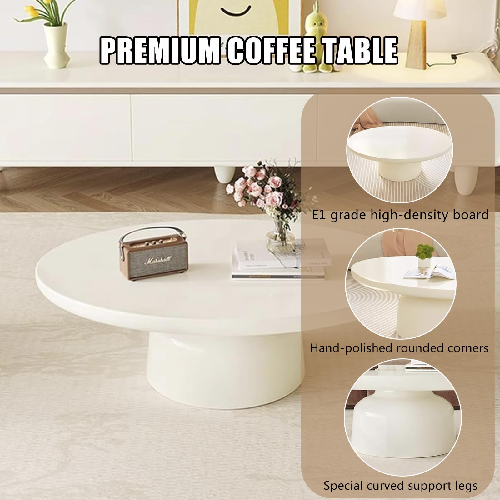 Oval Drum Coffee Table Modern Cream White Pedestal
