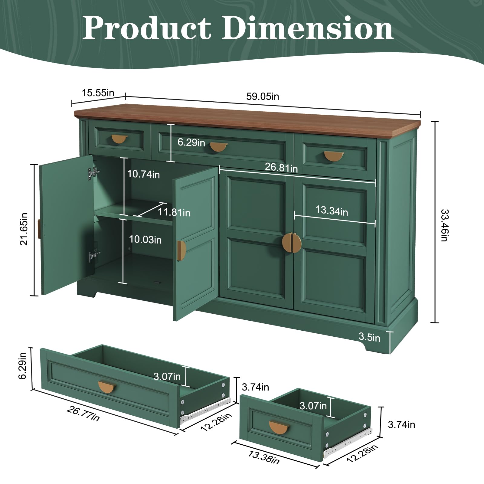 60" Shaker Buffet Sideboard Cabinet with 4 Doors and 3 Drawers