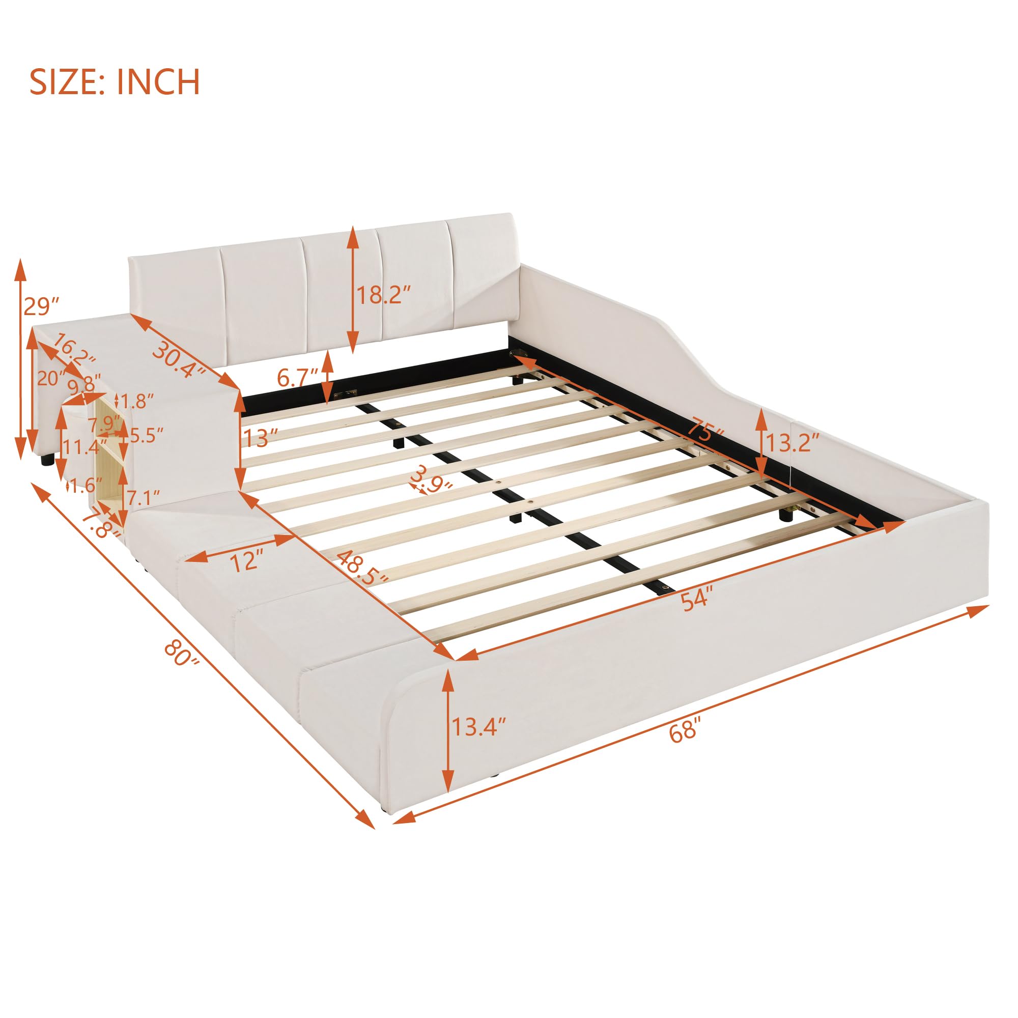 Full Size Velvet Upholstered Platform Bed with Bedside Desk