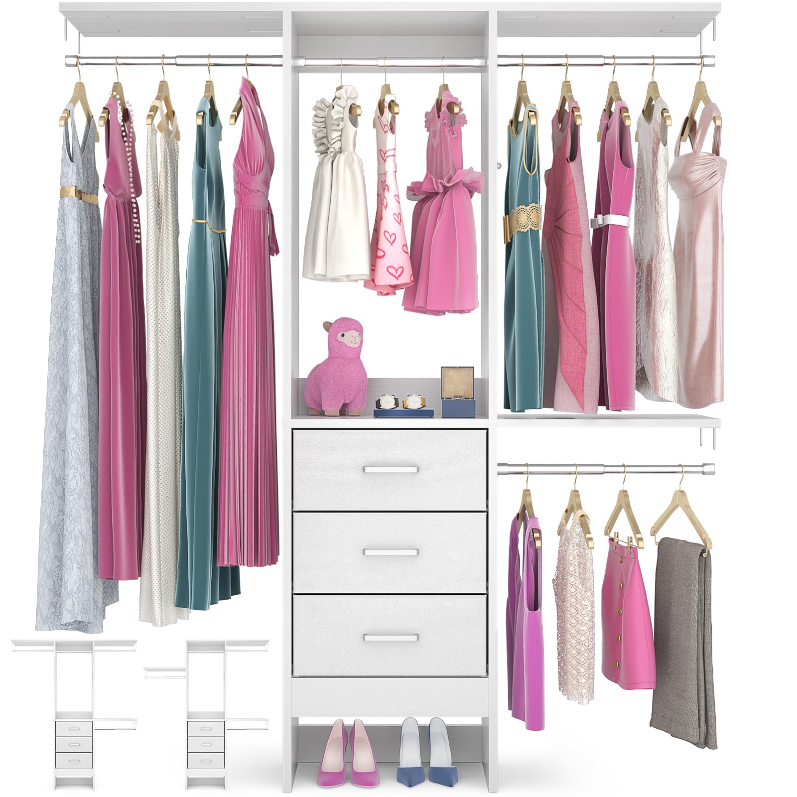 4ft Closet Organizer System with 3 Fabric Drawers and Adjustable Shelves