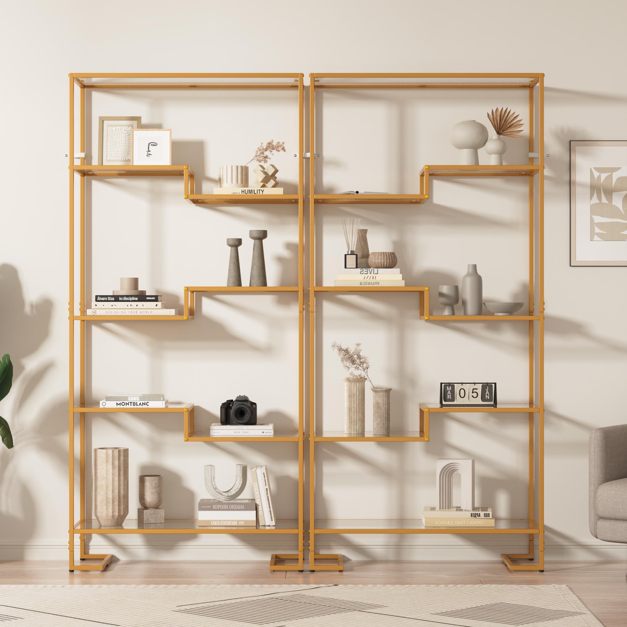 5-Tier Tempered Glass Bookshelf Golden Modern Display Shelf