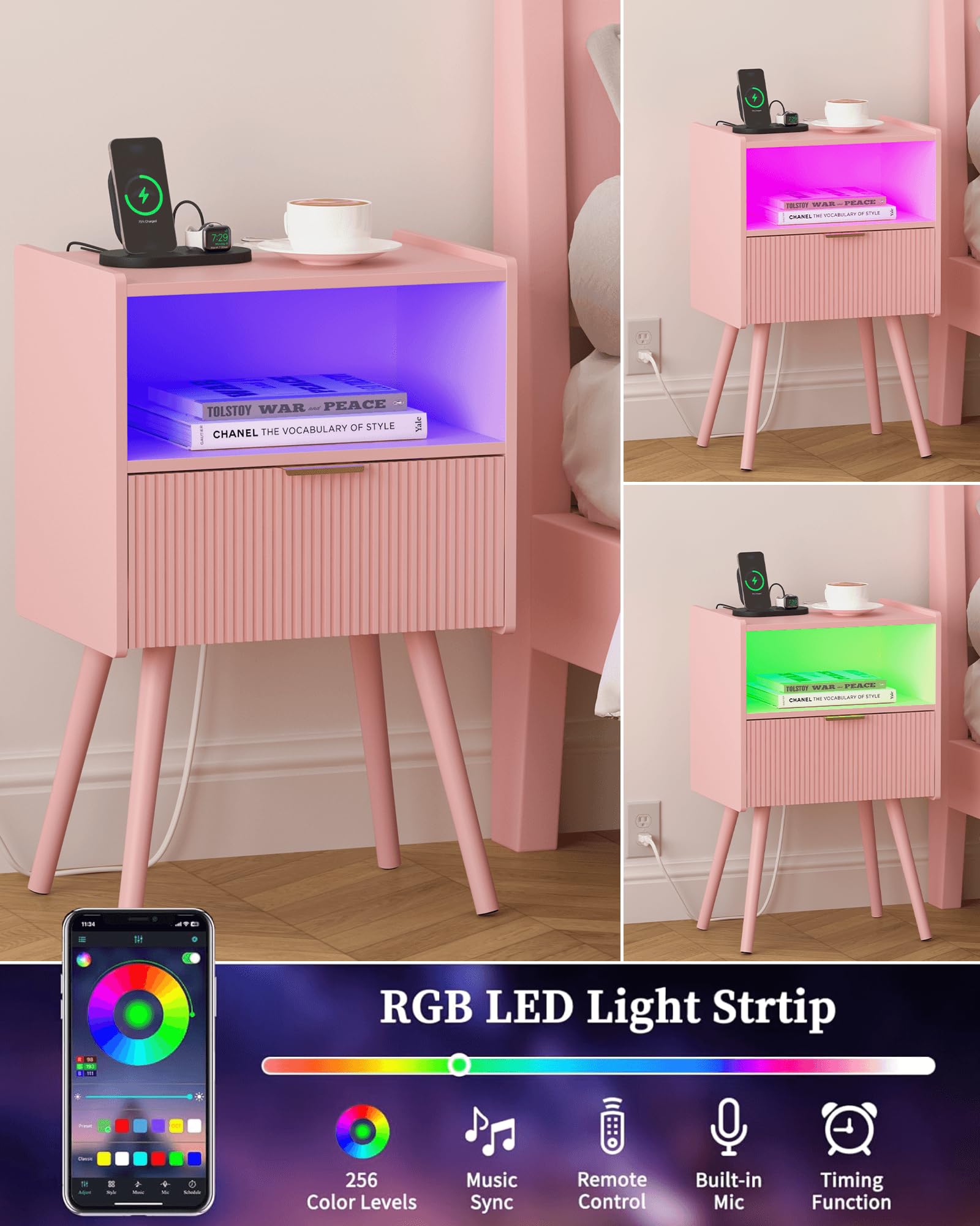 Pink Nightstand with Charging Station and LED Lights