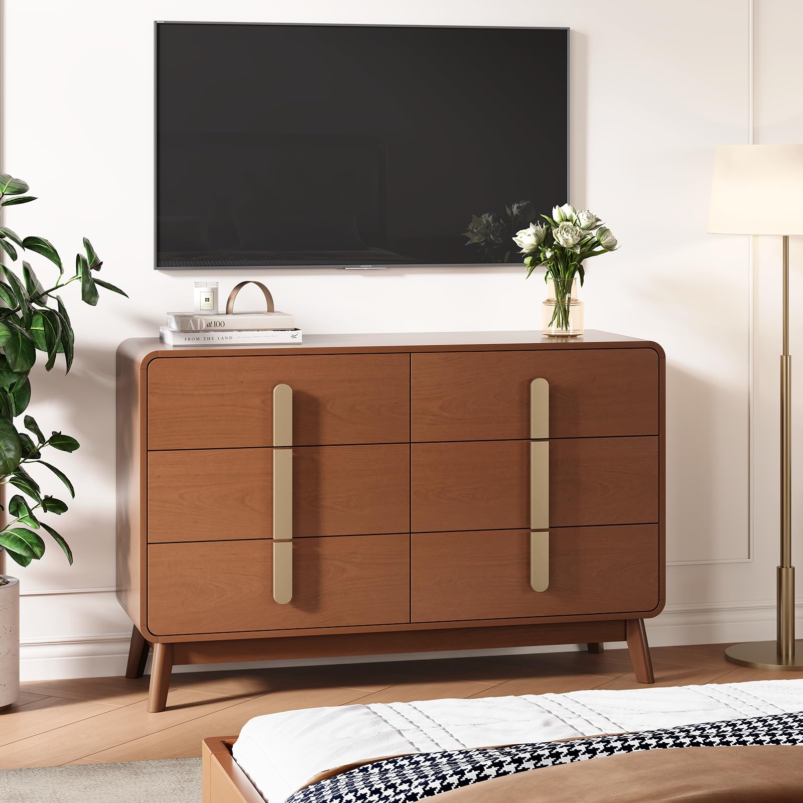 6-Drawer Mid Century Modern Dresser 47" Wide Cherry Wood