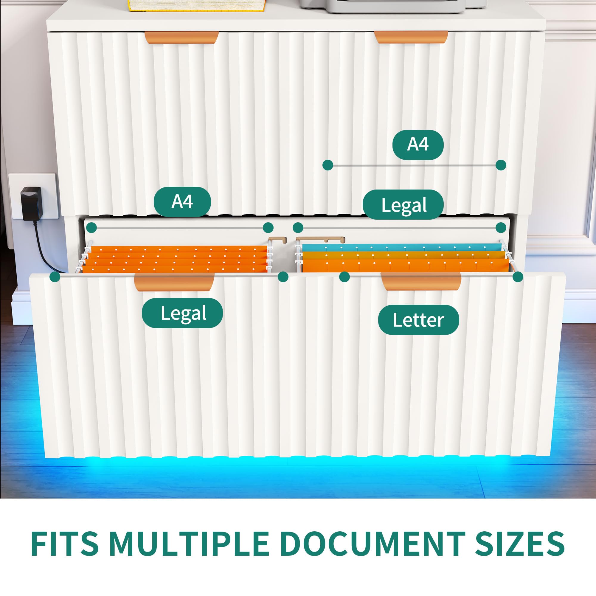 YITAHOME 2 Drawer File Cabinet with Led Light, Modern Filing Cabinet, Large Lateral File Cabinet for Home Office, White