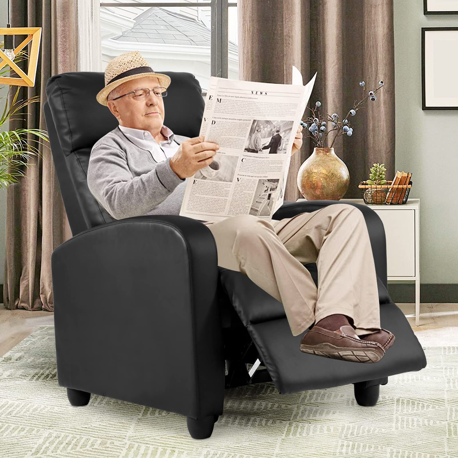 CL.HPAHKL Living Room Recliner Chair Modern Reclining Easy Lounge Winback Single Sofa Reading Chair PU Leather Home Theater Seating Adjustable Accent Armchair w/Thick Seat Cushion & Backrest, Black