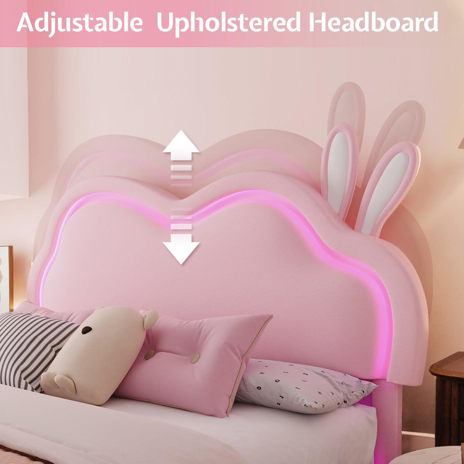 Queen Pink Upholstered Platform Bed with LED Lights
