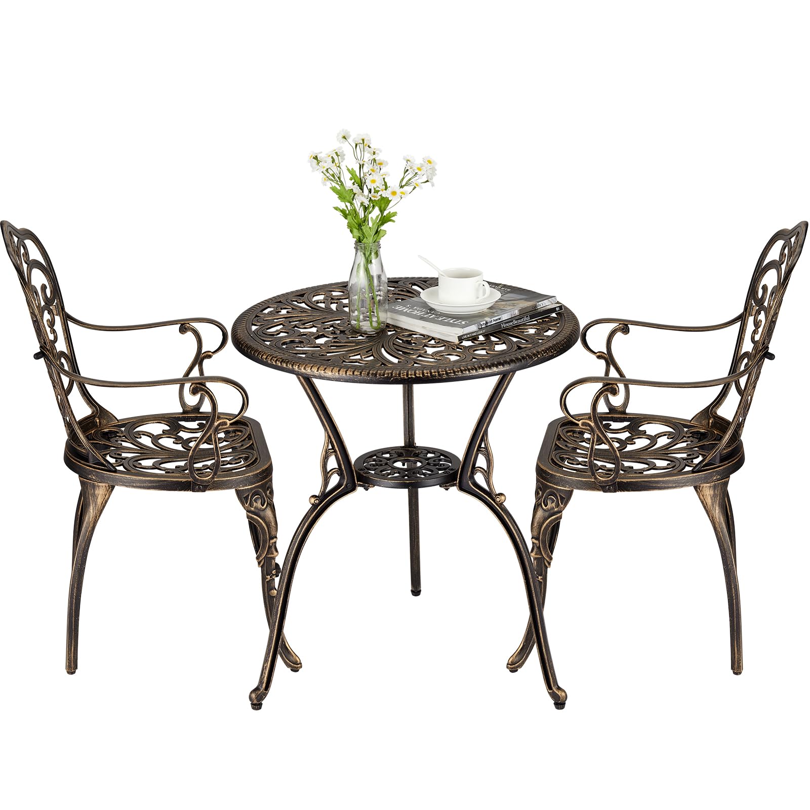 ELETHEBIA 3 Piece Bistro Set, Outdoor Bistro Table and Chairs Set of 2, Rust-Resistant Cast Aluminum All Weather Patio Outdoor Bistro Set with Umbrella Hole for Backyard, Balcony, Front Porch, Brown