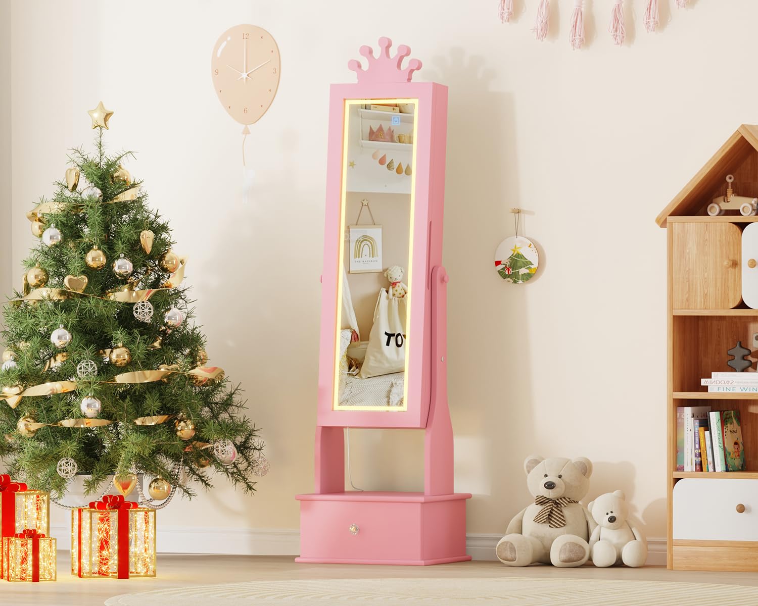 Kids Jewelry Armoire with Full-Length Mirror and LED Light