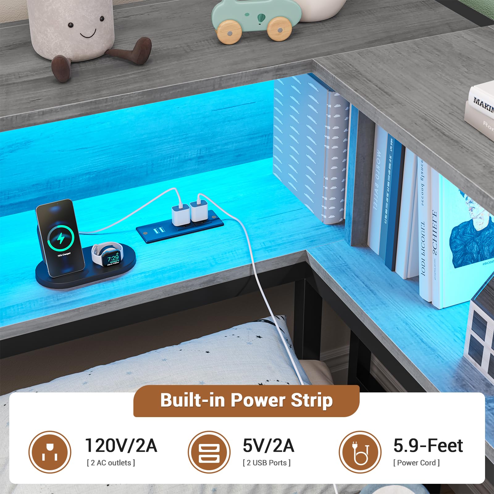 Twin Corner Bed Frame with Storage Drawers and Bookcase Headboard