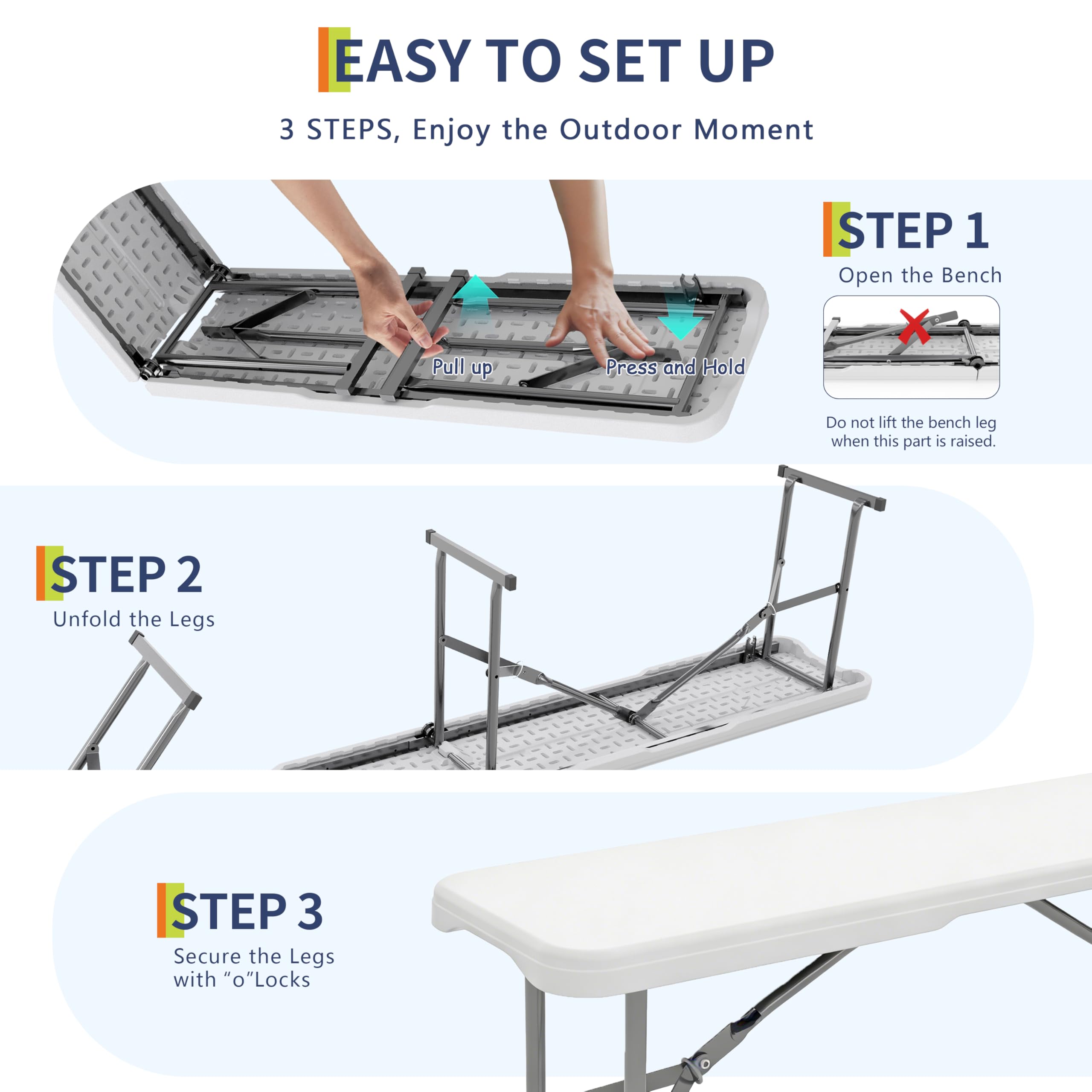 Portable Folding Bench 6 Foot 2 Pack White HDPE
