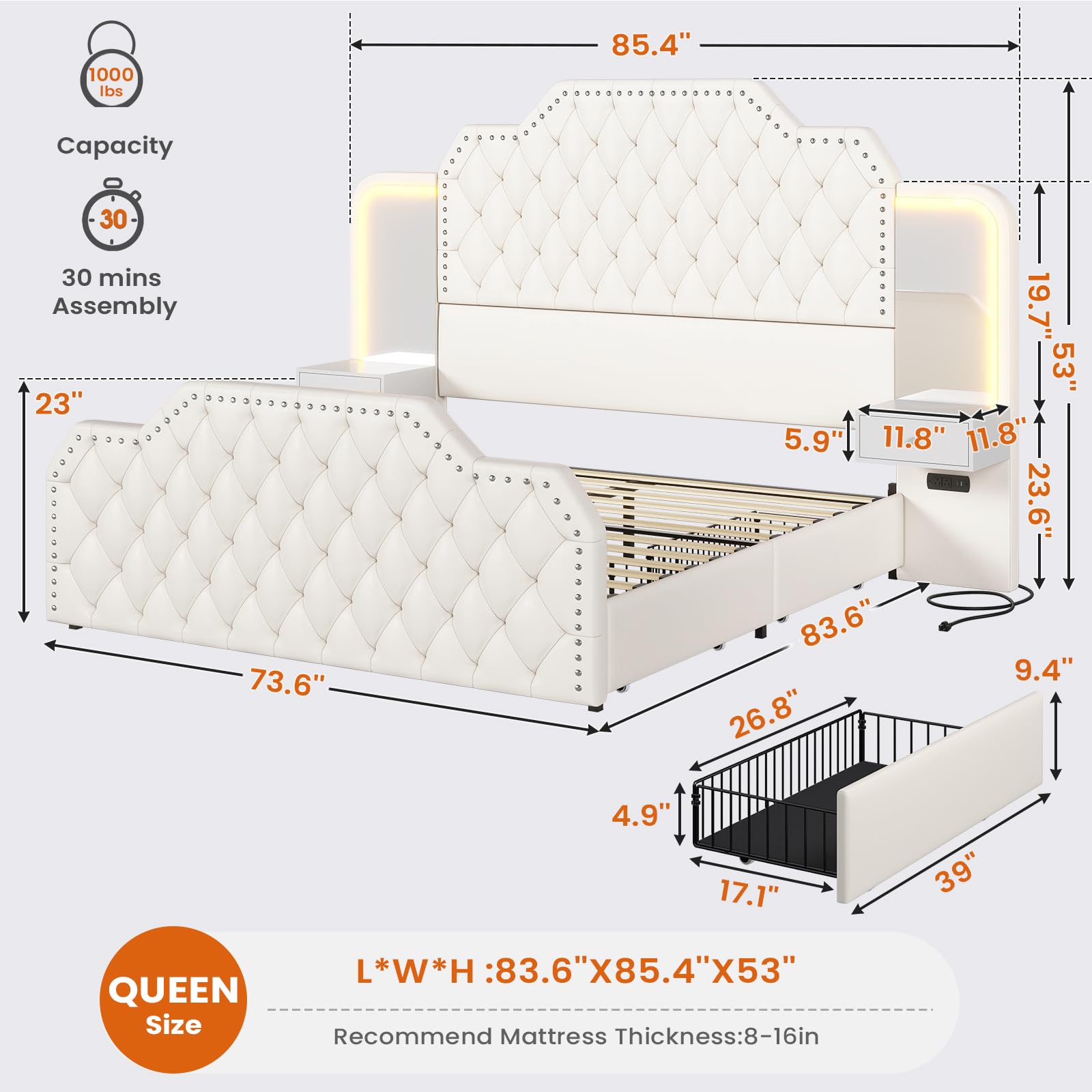 Queen Platform Bed Frame with 53" Tall Headboard and 4 Storage Drawers