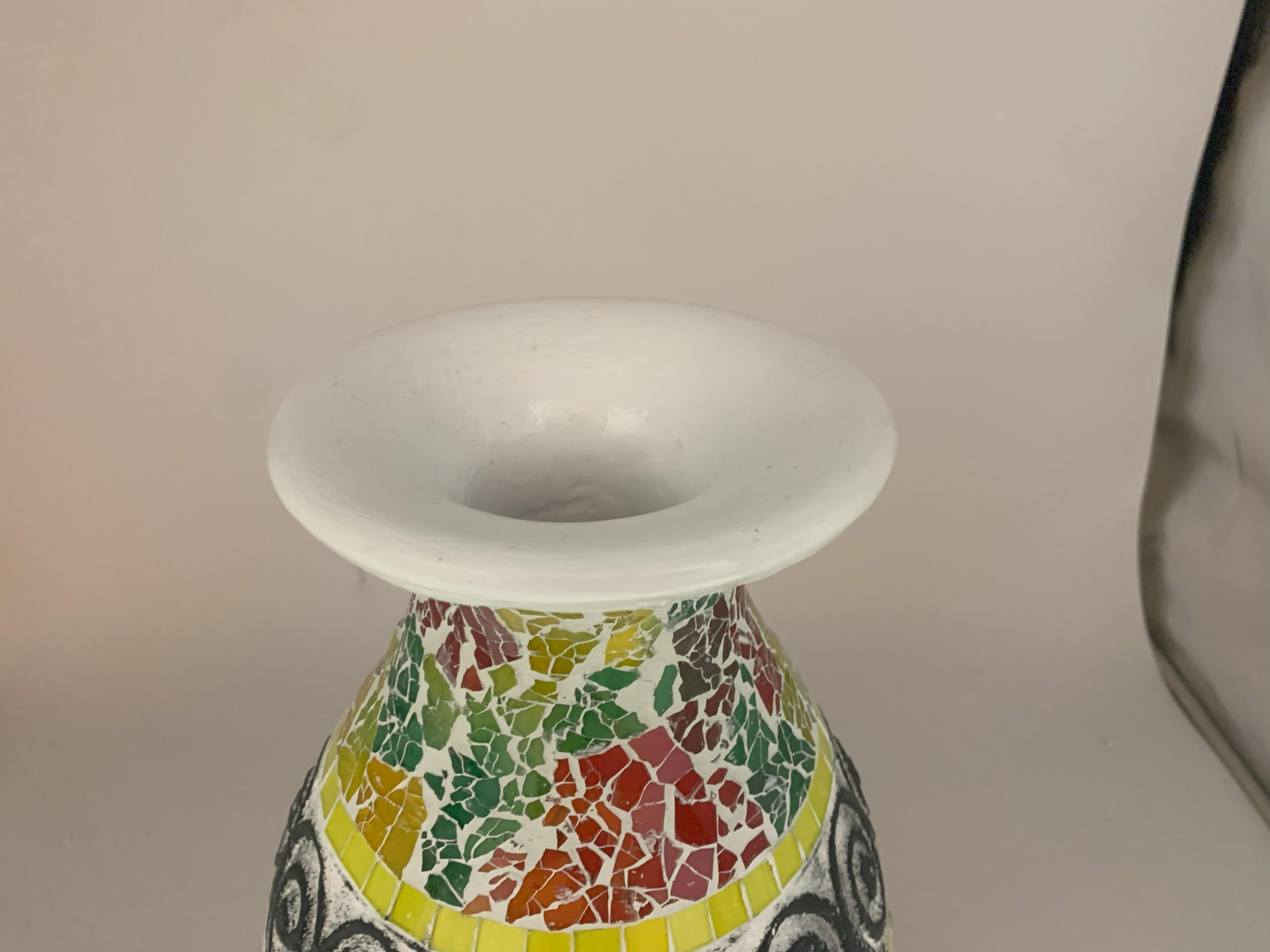 18 Inch Mosaic Floor Vase - Terracotta Cylinder with Red Green Glass