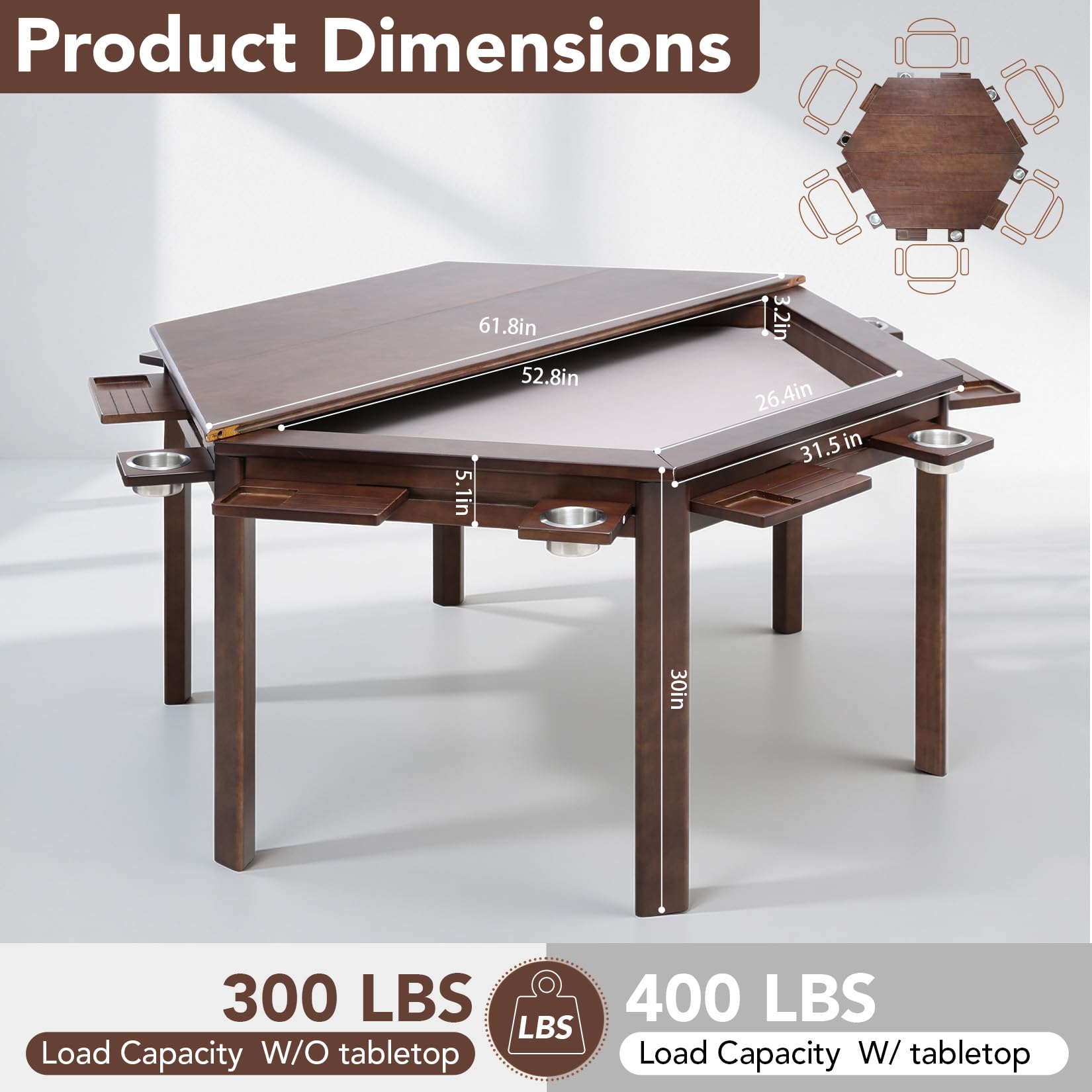 Hexagonal Gaming Table with Removable Top