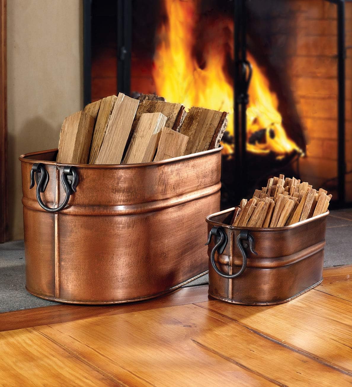 Antique Copper Firewood Bucket with Wrought Iron Handles