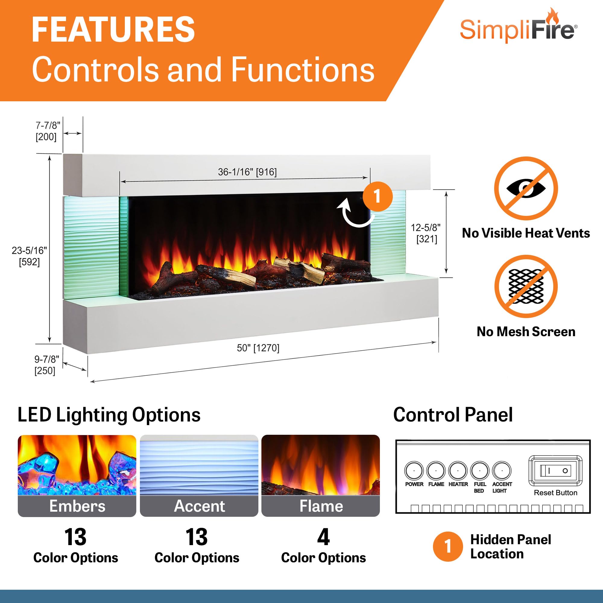36-Inch Wall Mount Electric Fireplace with 50-Inch Floating Mantel