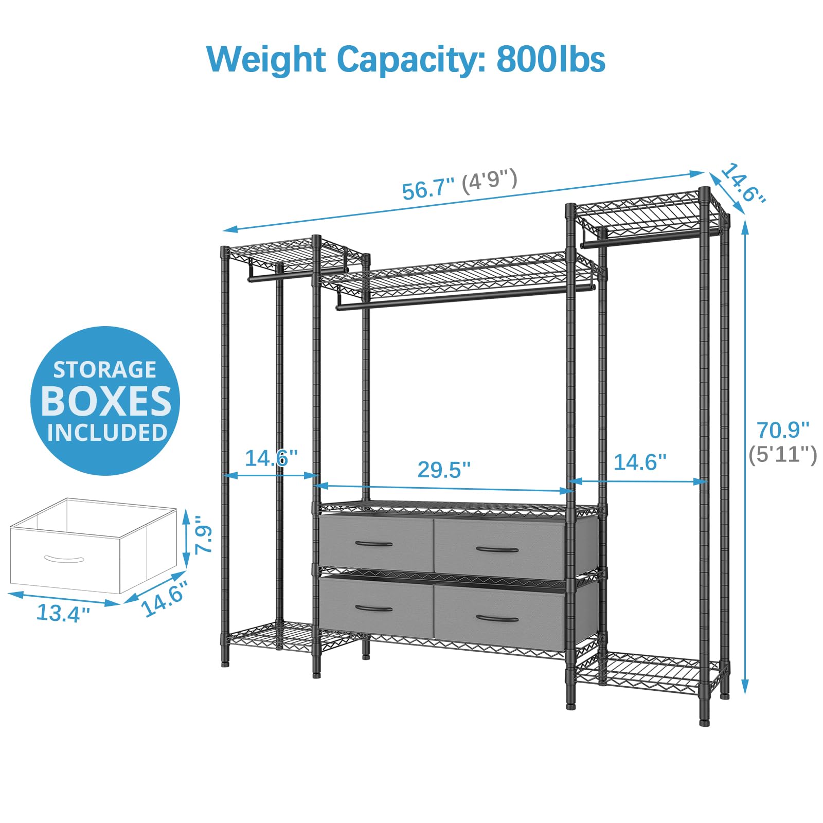 Wire Garment Rack with 6 Shelves, 3 Hang Rods & 4 Fabric Drawers