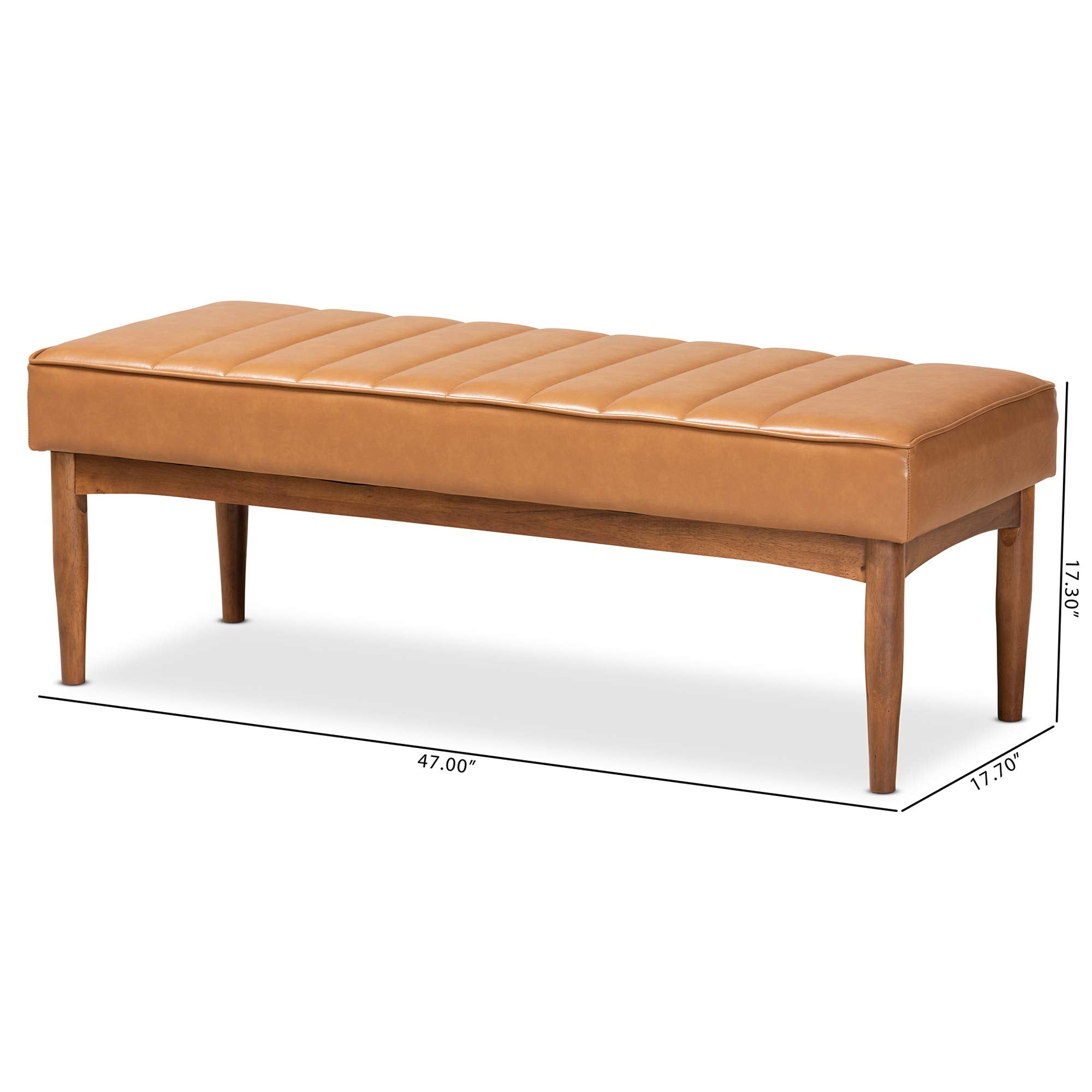 Mid-Century Modern Tan Faux Leather Dining Bench