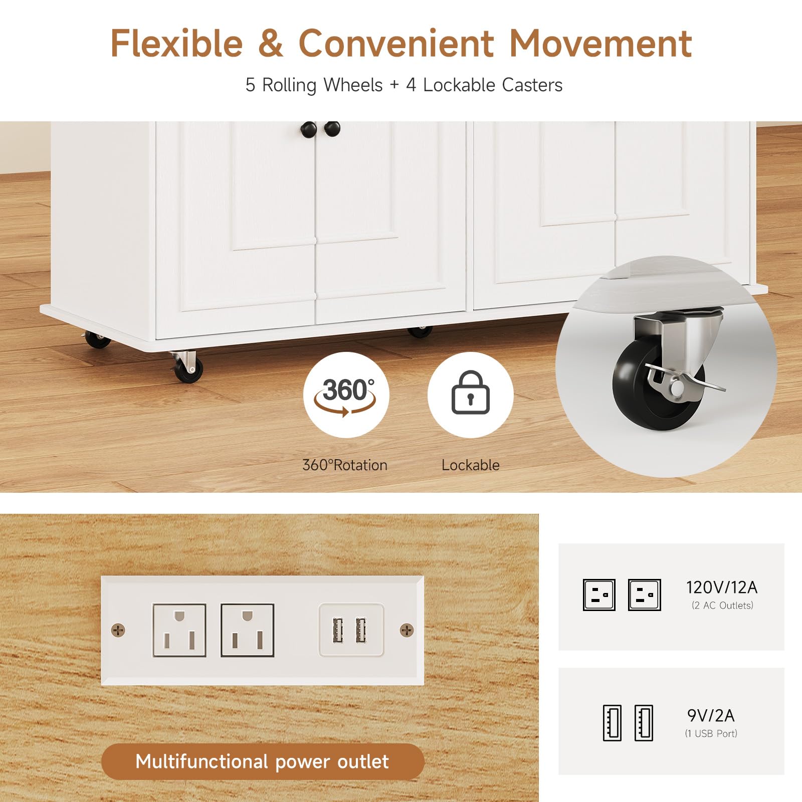 58" Mobile Kitchen Island Cart with Power Outlet