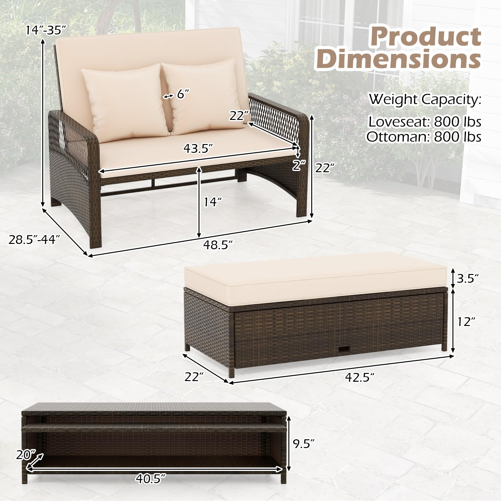 Patio Rattan Daybed with Adjustable Backrest
