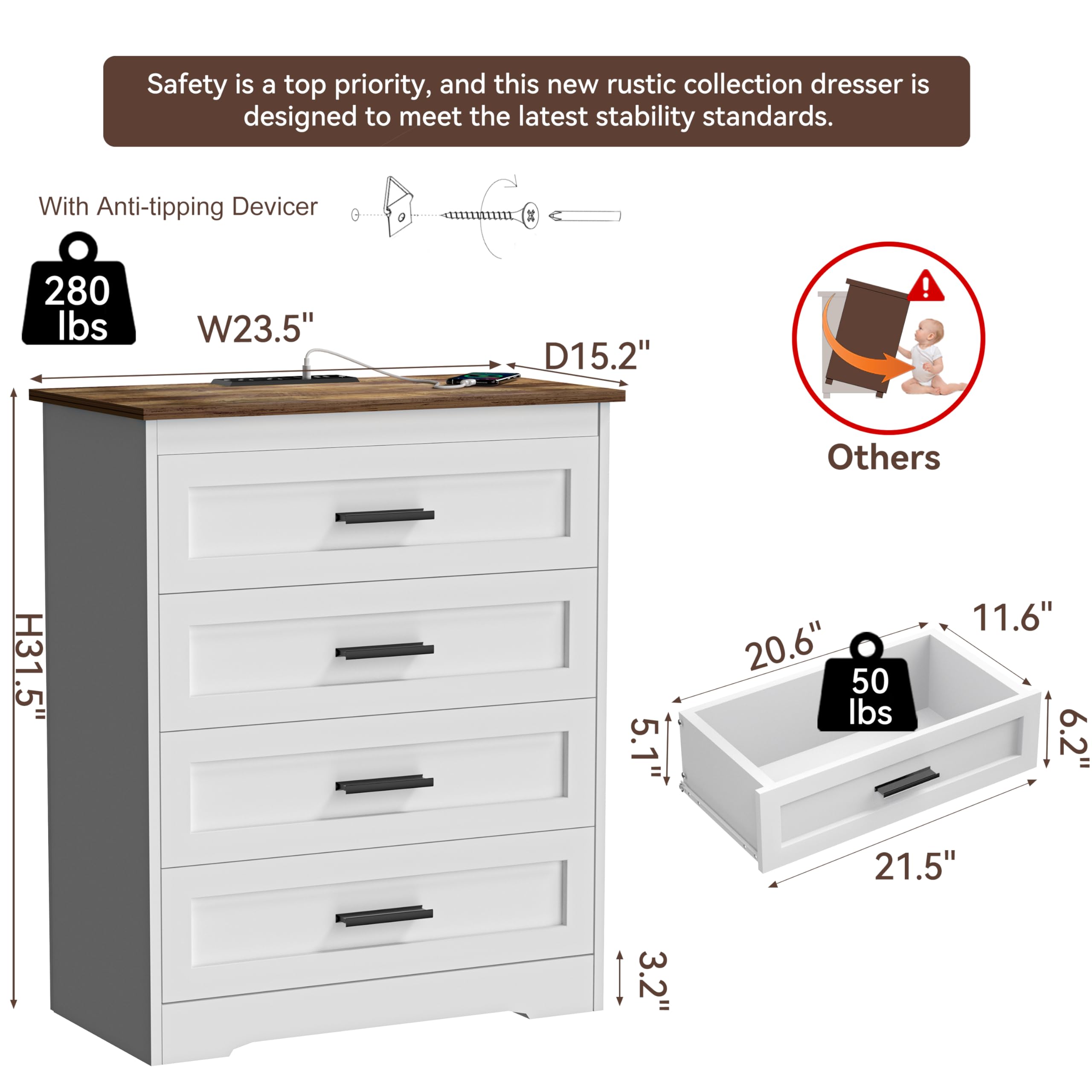 Farmhouse 4-Drawer Dresser with Natural Texture