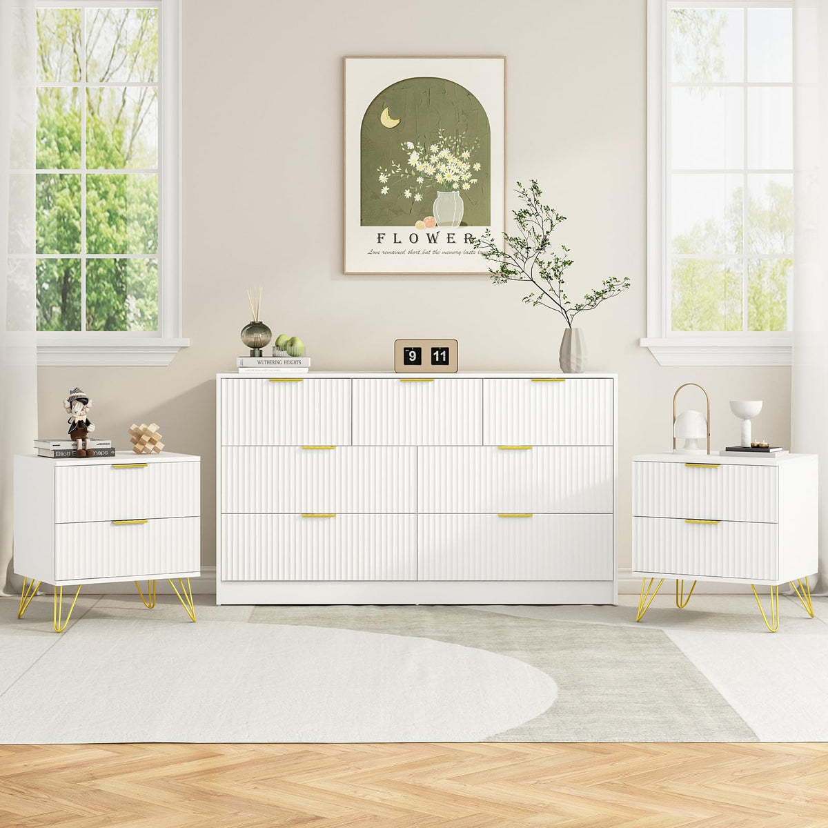 7 Drawer Dresser and Nightstand Set - White with Gold Handles