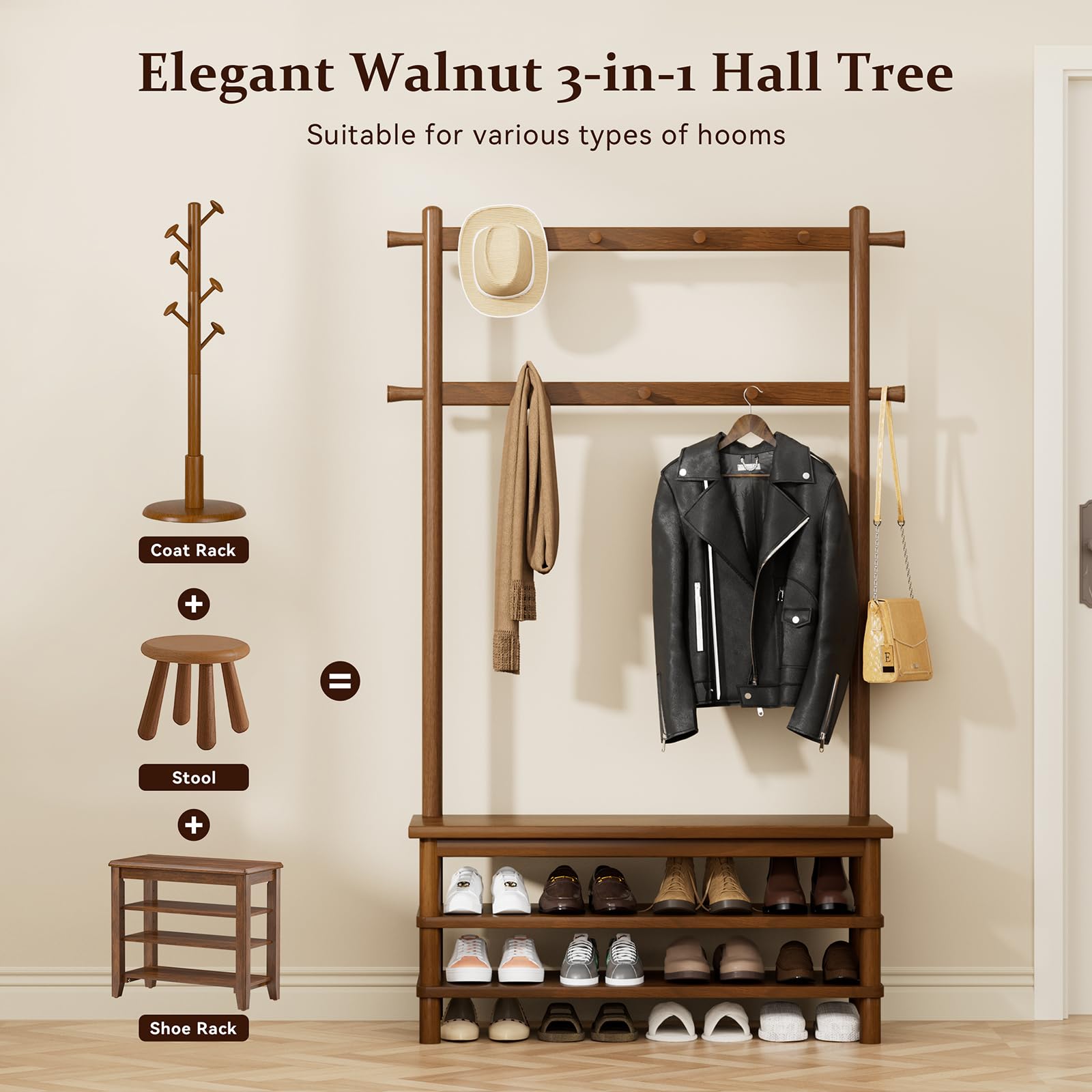 3-in-1 Hall Tree with Shoe Storage Bench