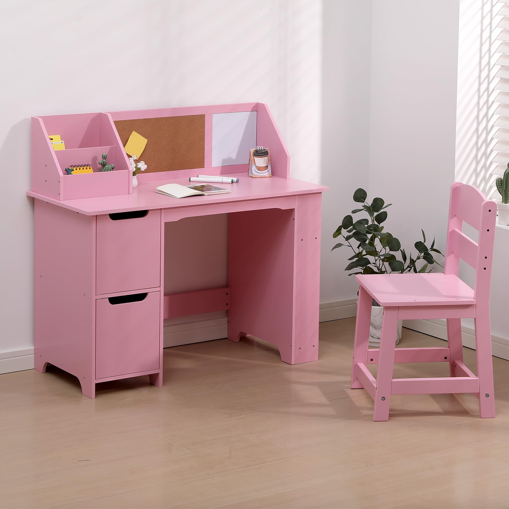 Kids Study Desk and Chair Set with Storage Hutch