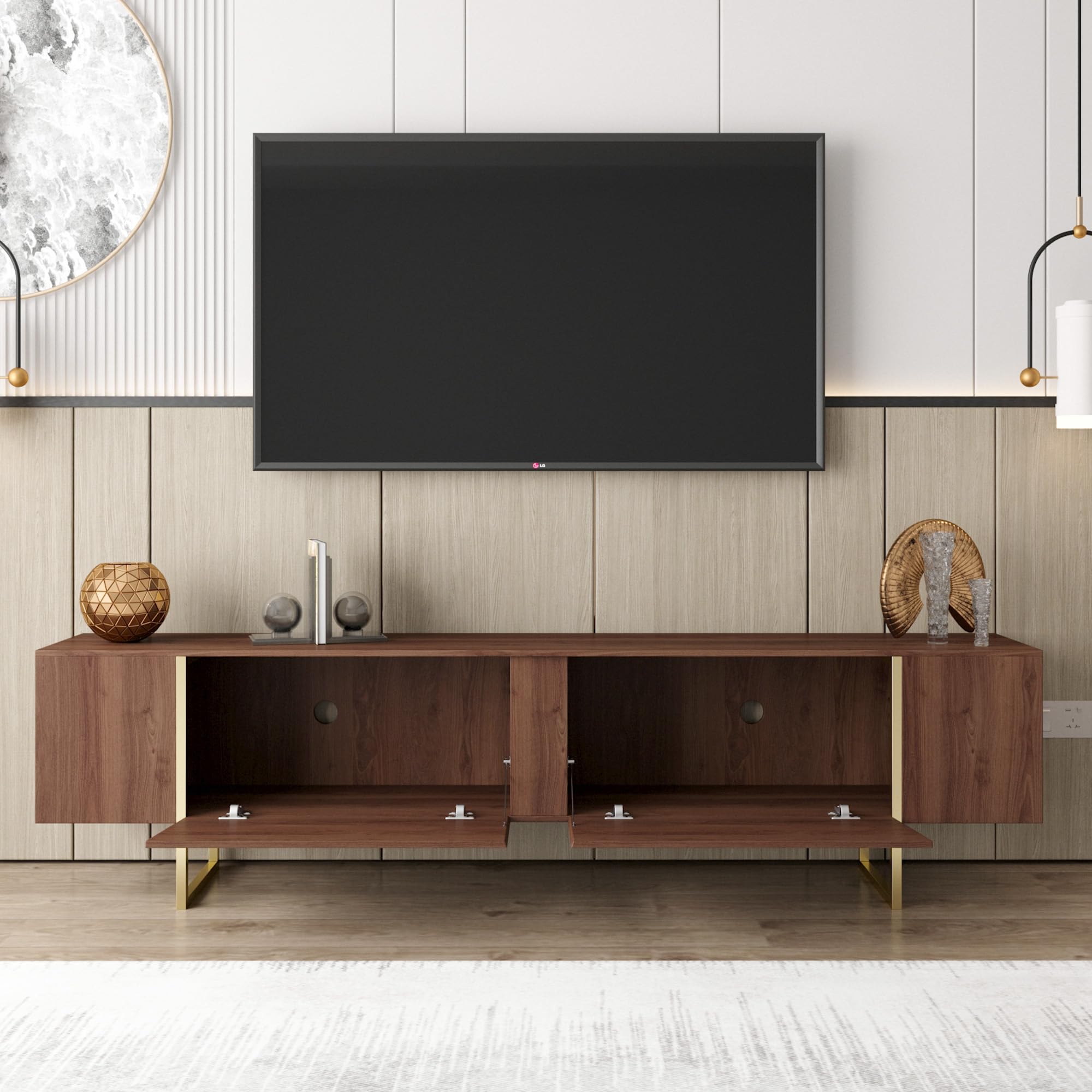 71" TV Stand with Gold Legs and Storage Doors