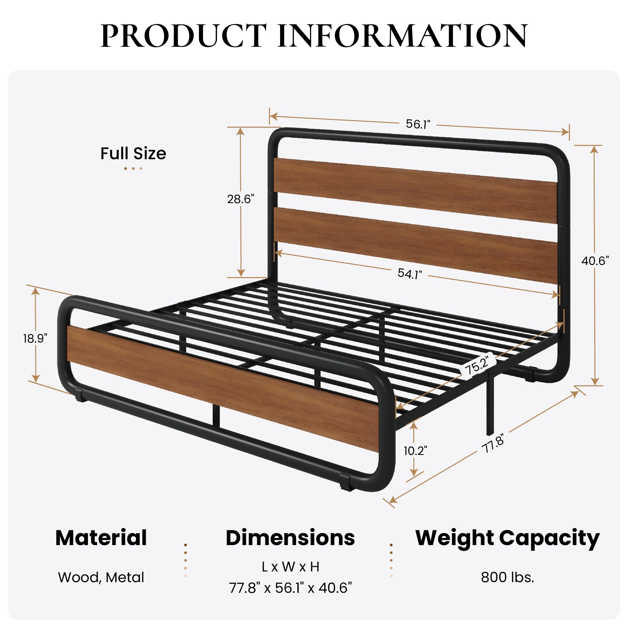 Full Size Metal Bed Frame with Wooden Headboard