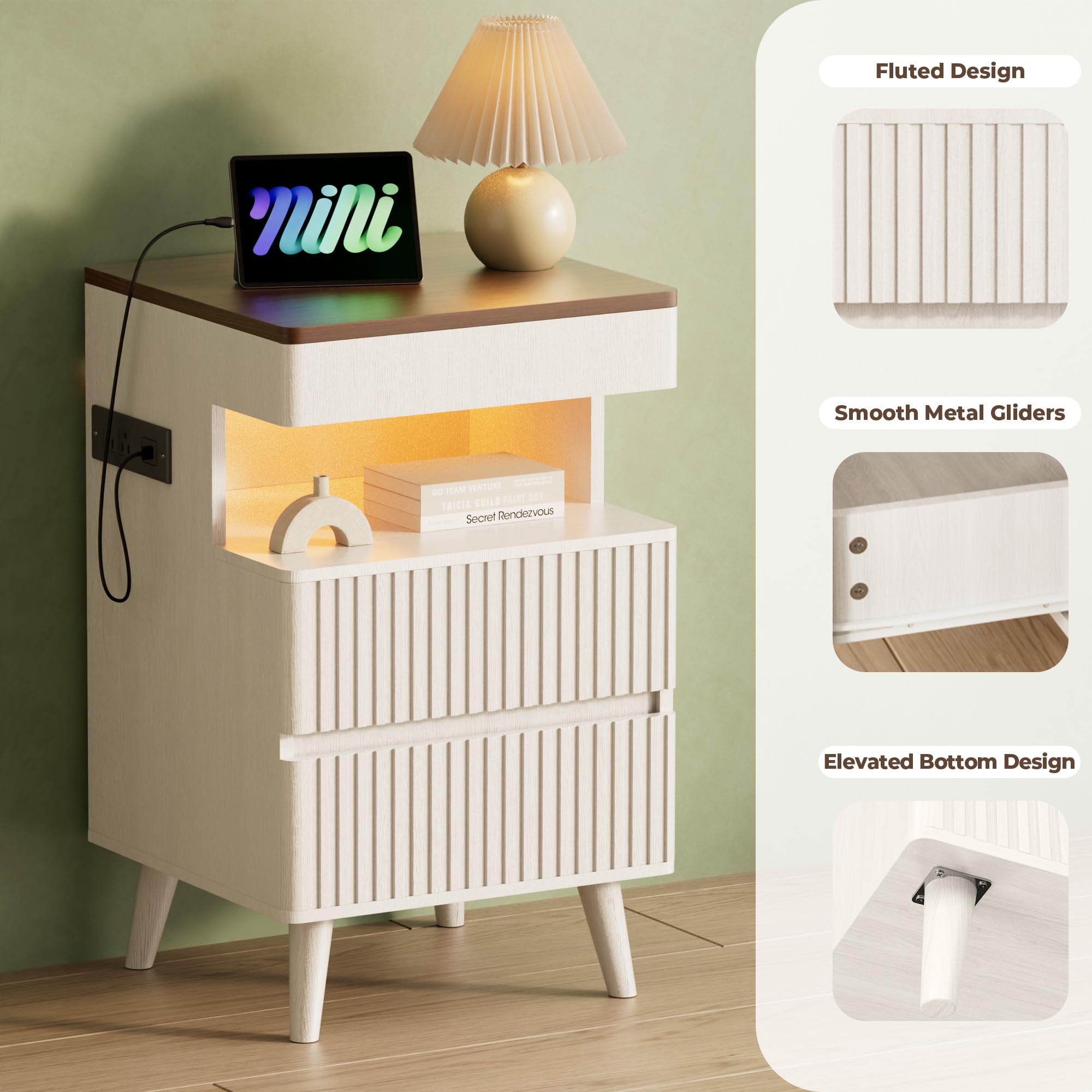 Tall Fluted Nightstand with Charging Station and LED Light