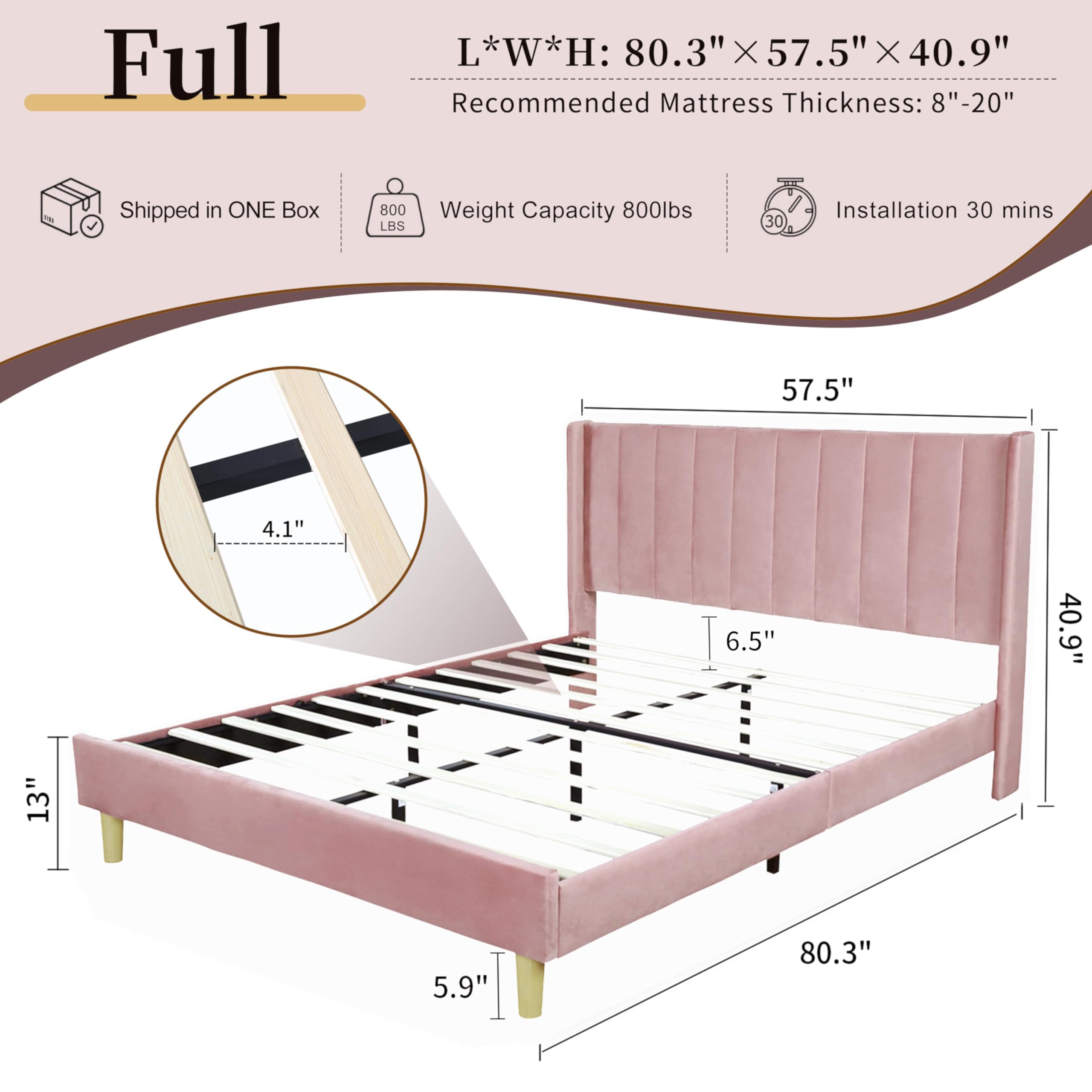 Pink Full Size Upholstered Platform Bed Frame with Wingback Headboard
