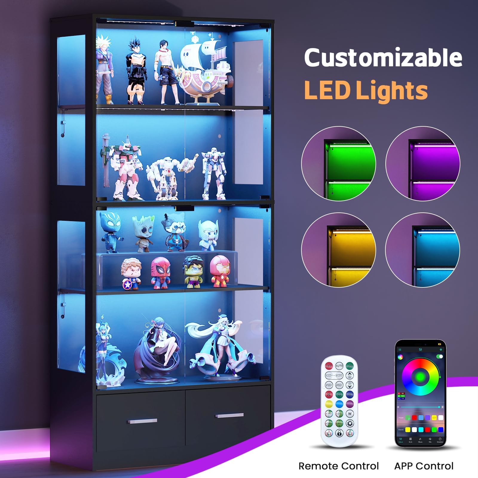 67" Glass Display Cabinet with RGB LED Lights & 2 Drawers