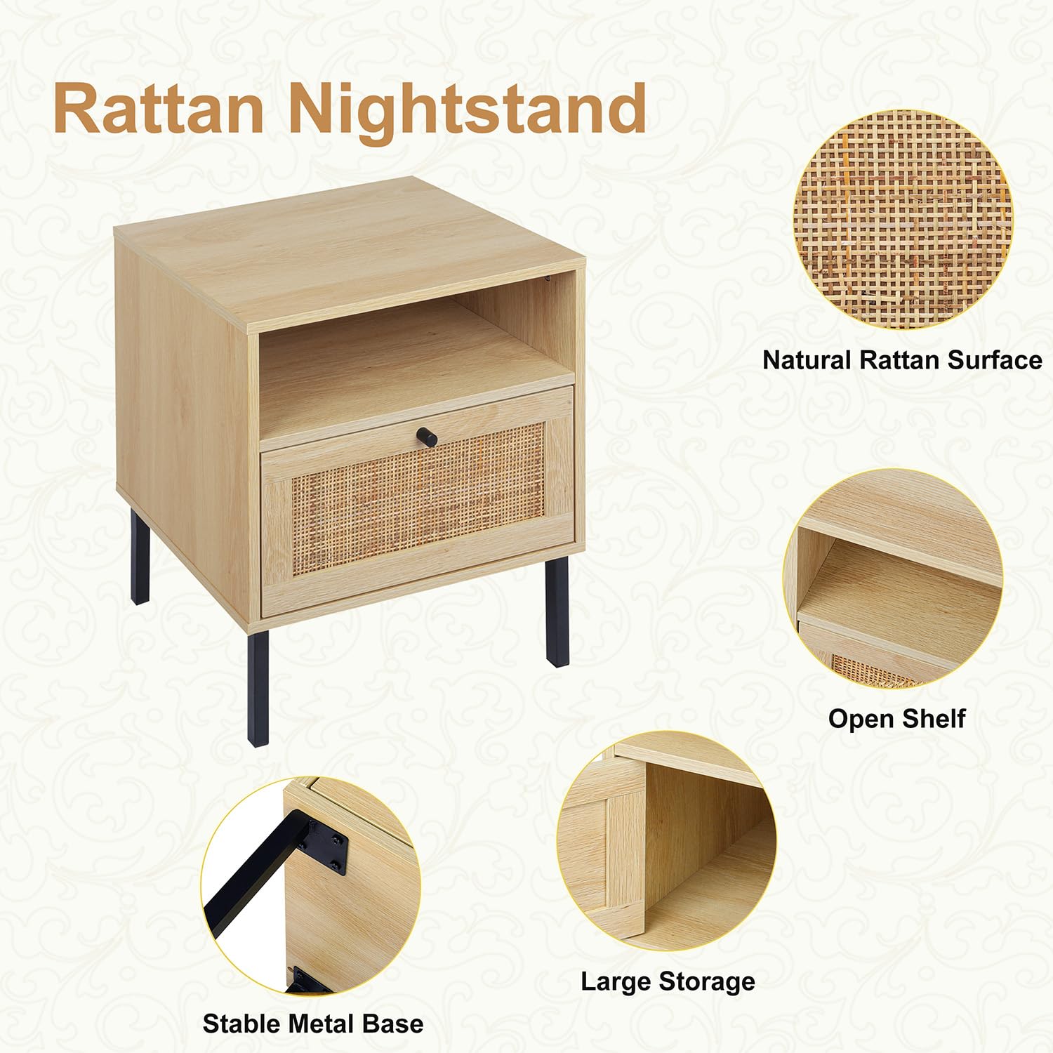 Rattan Nightstands Set of 2 with Door and Open Shelf