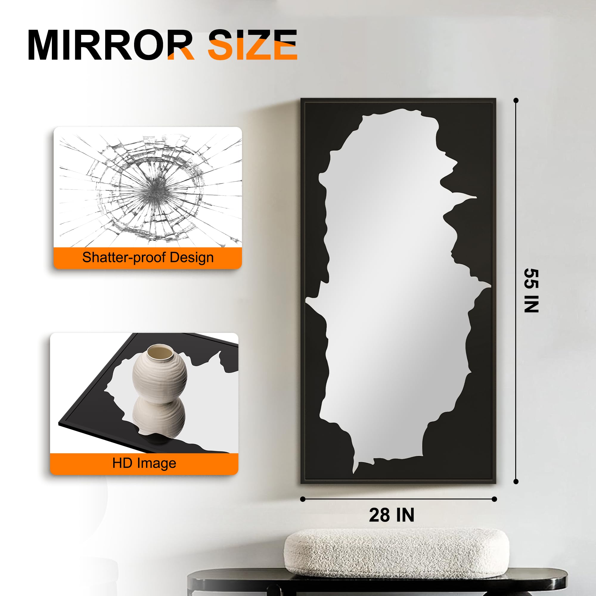 55x28 Full-Length Mirror with Artistic Black Abstract Overlay