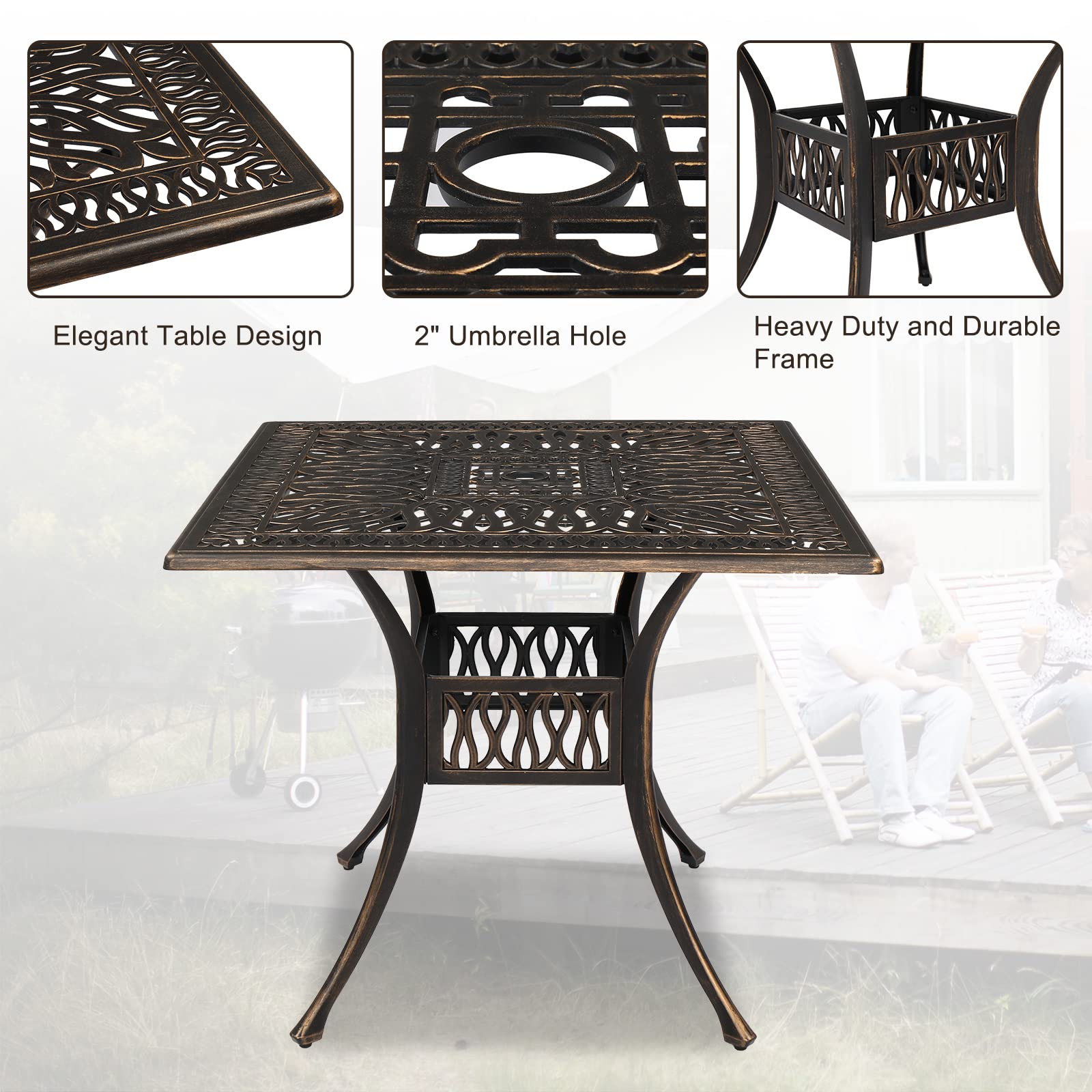 VINGLI 5 Pieces Outdoor Patio Dining Set, Cast Aluminium Patio Furniture Set with 4 Chairs and 1 Umbrella Table for Yard, Garden, Porch and Poolside, Bronze (Square Table)