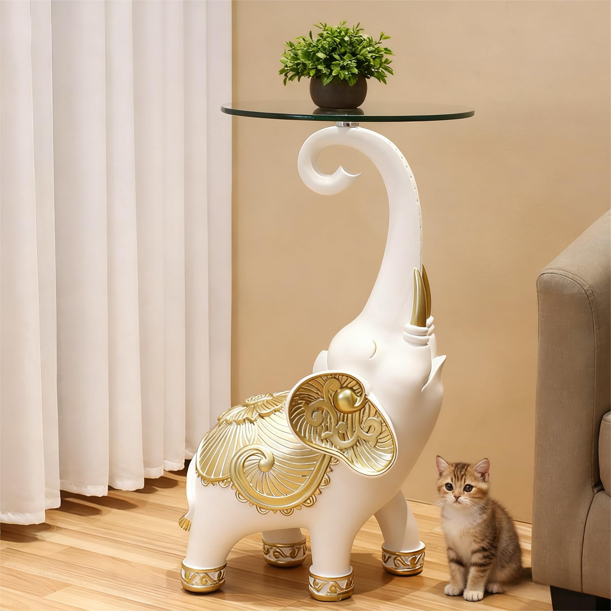 White Elephant Statue Side Table with Clear Glass Top