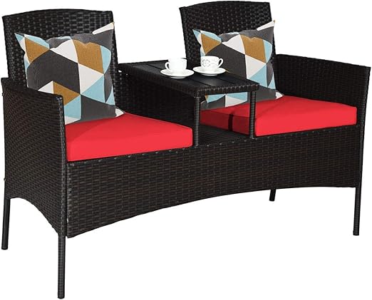 Outdoor Rattan Loveseat Conversation Set with Cushions & Coffee Table
