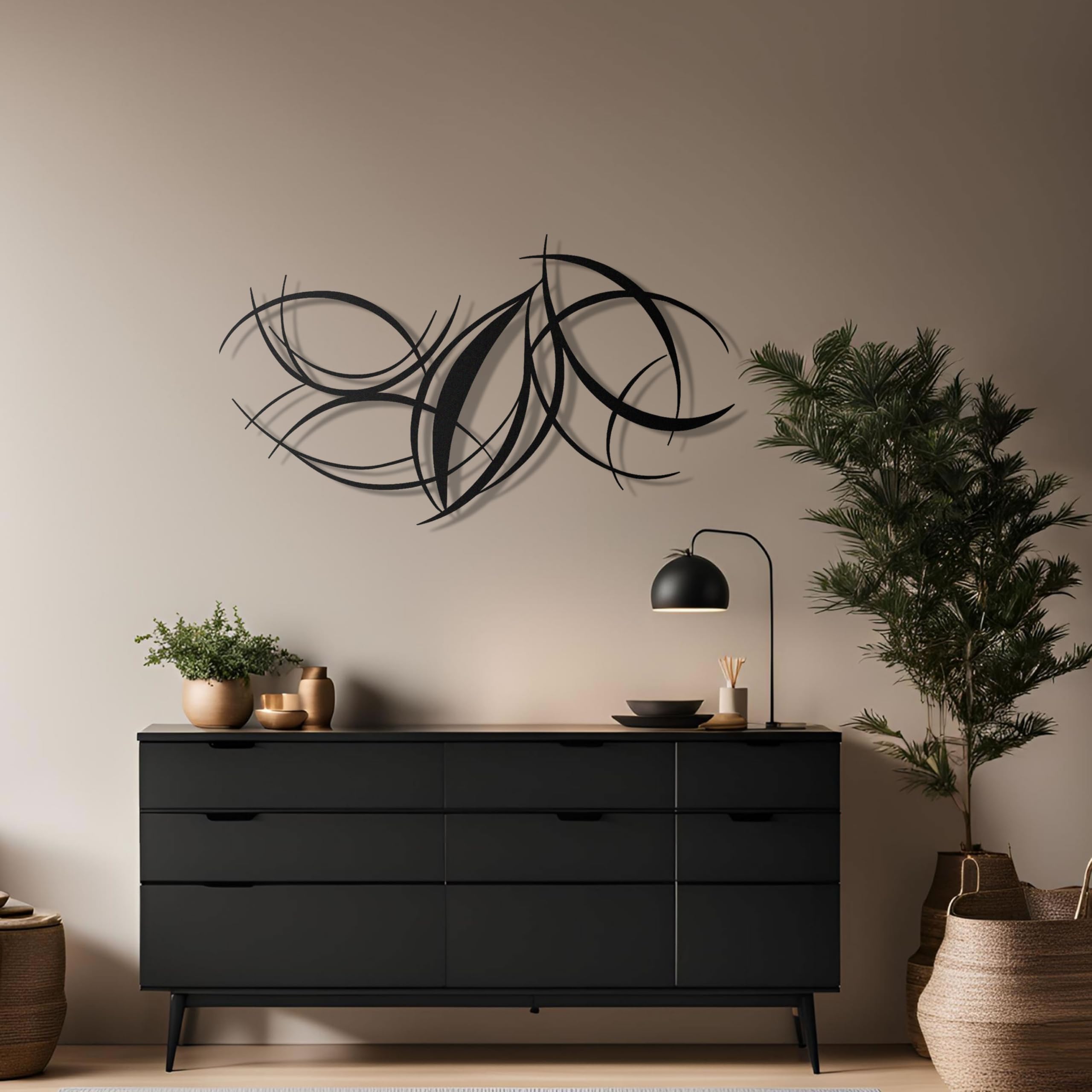 Modern Abstract Metal Wall Art - Black Curved Lines Sculpture