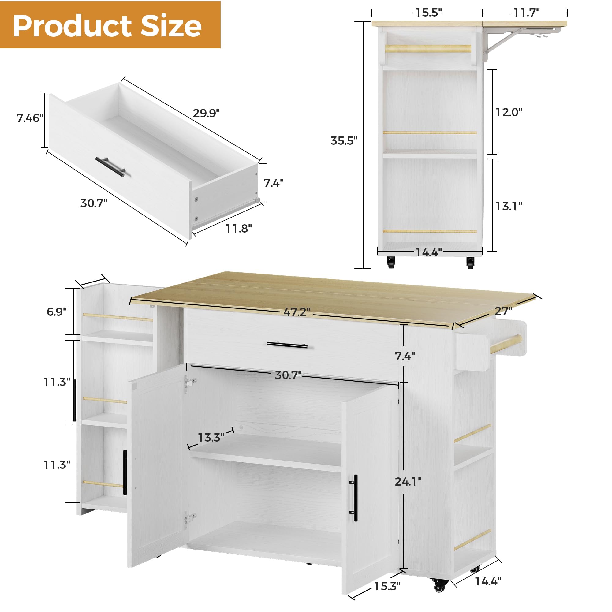 Kitchen Island with Storage 47.2in Rolling Cart on Wheels